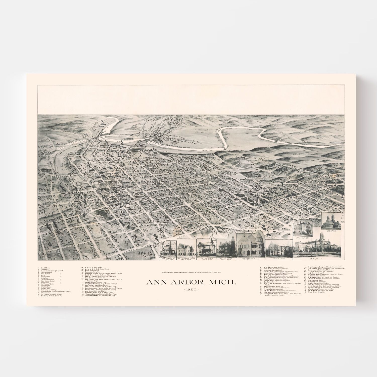 Vintage Map of Ann Arbor, Michigan 1890