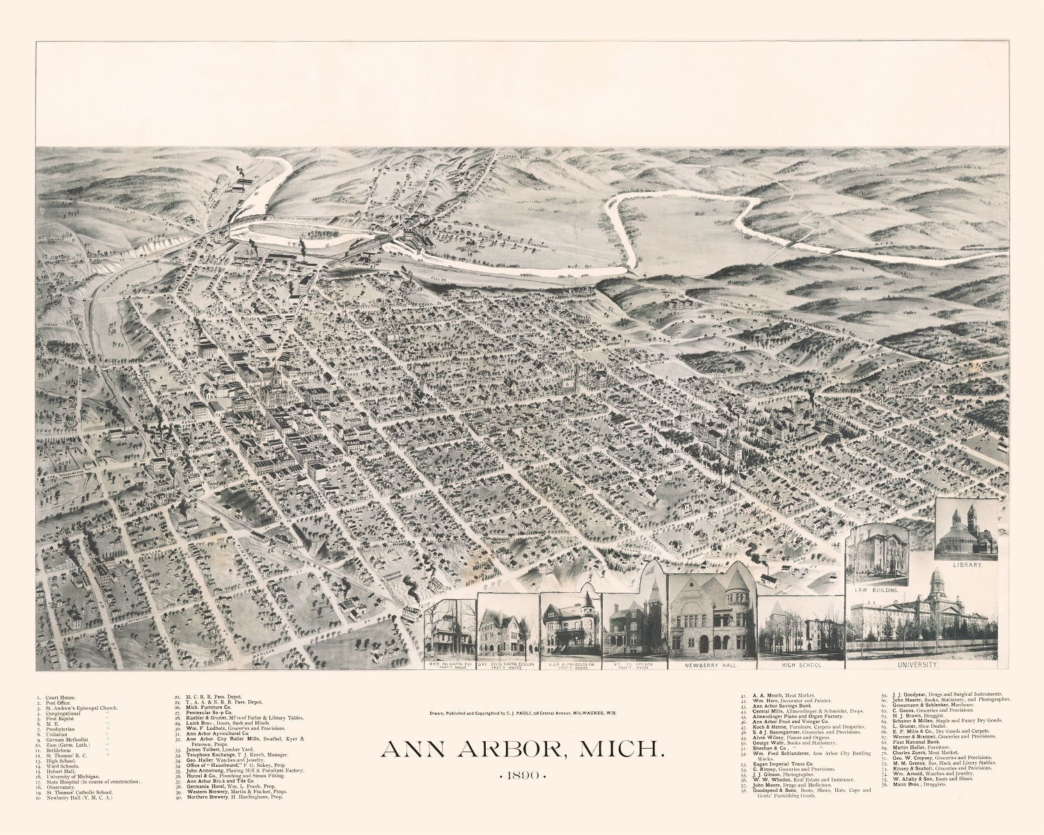 Vintage Map of Ann Arbor, Michigan 1890