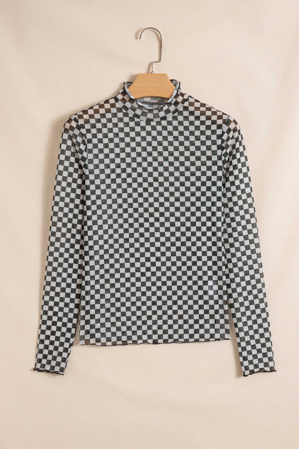 Checker Stand Neck Long Sleeve Mesh Top