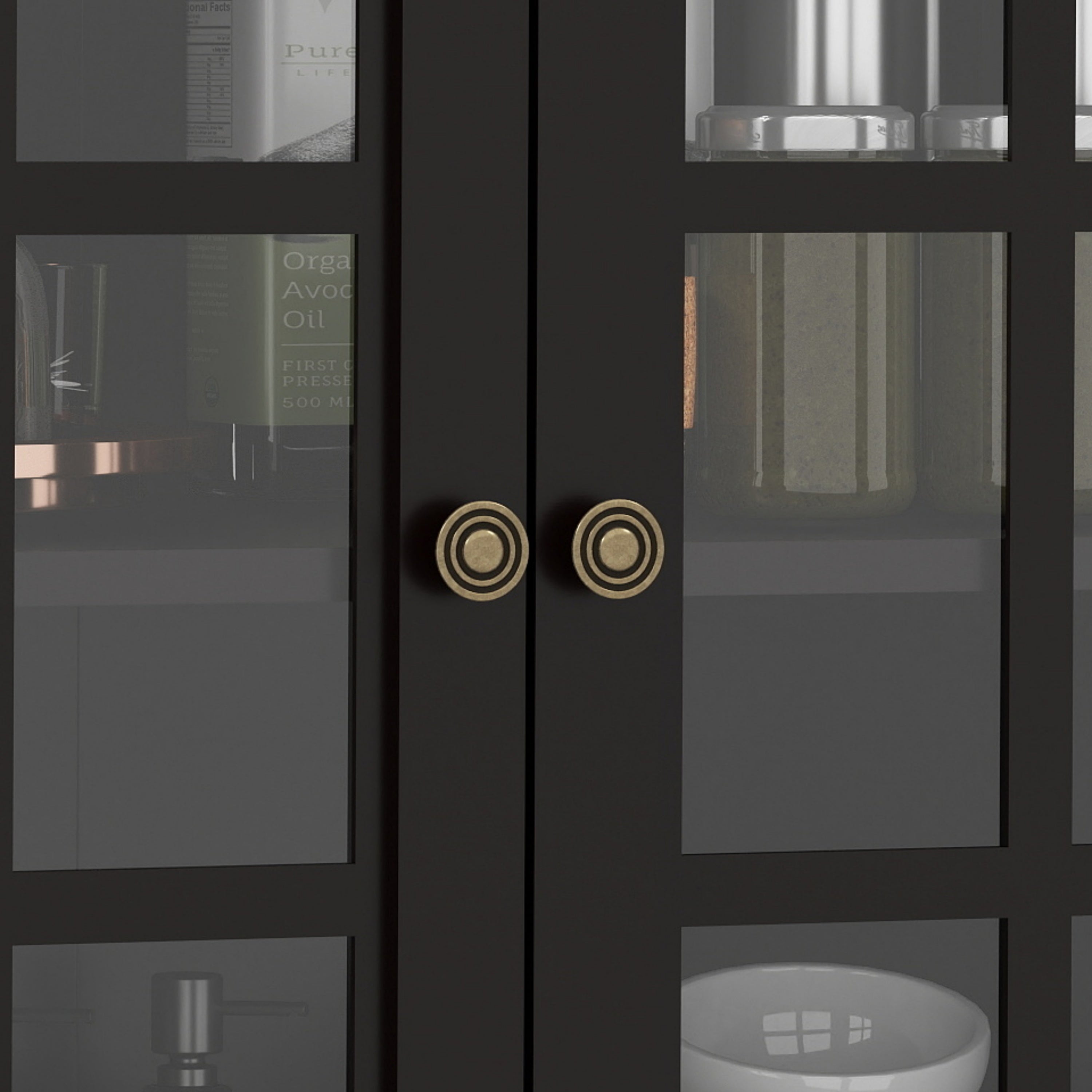 Minimalist Buffet Cabinet with Double Glass Doors and Drawer, Modern Wooden Storage Sideboard in Black