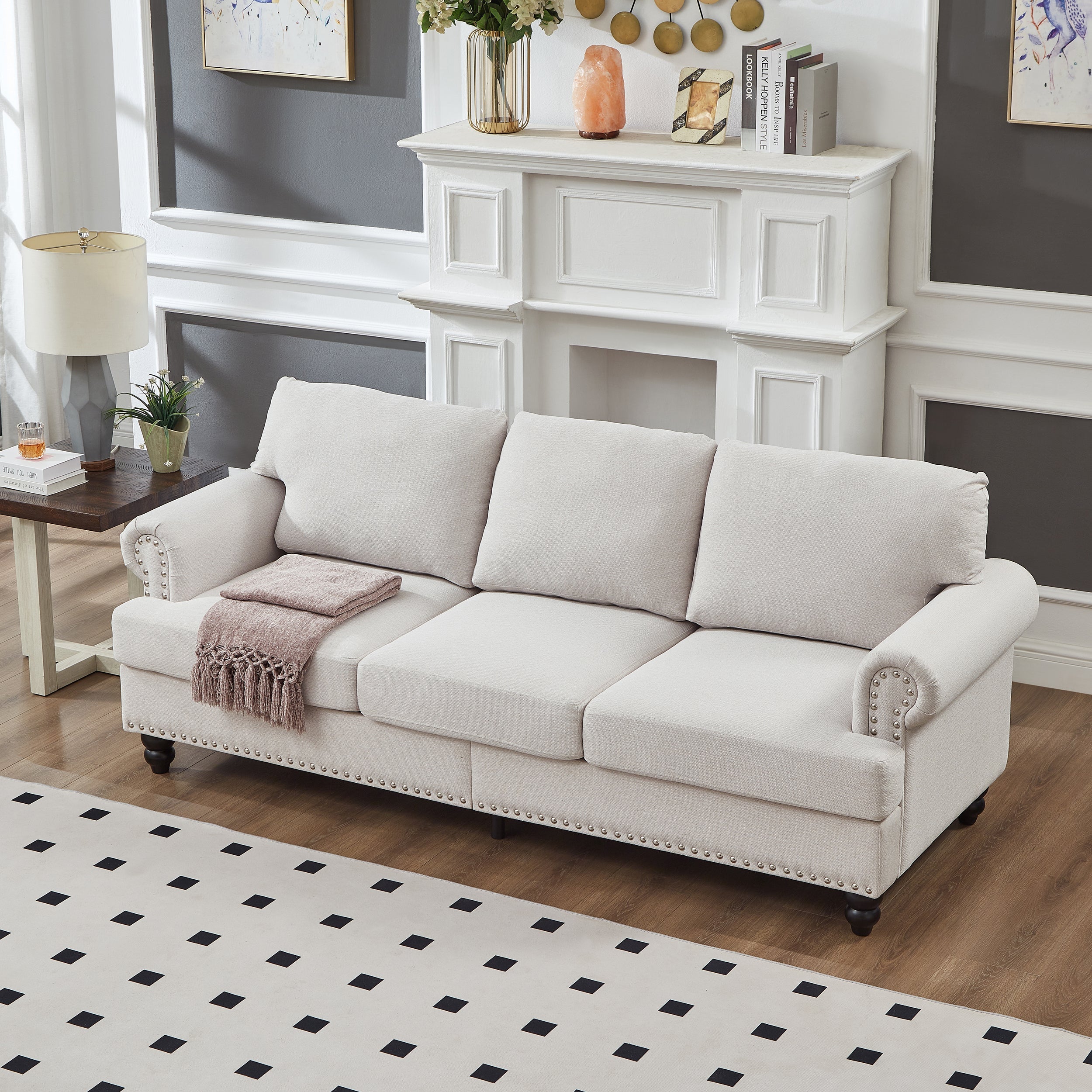Modern Classic Design with Nails Living Room 2+3 seater Sofa Fabric Couch,Upholstered Polyester Beige.