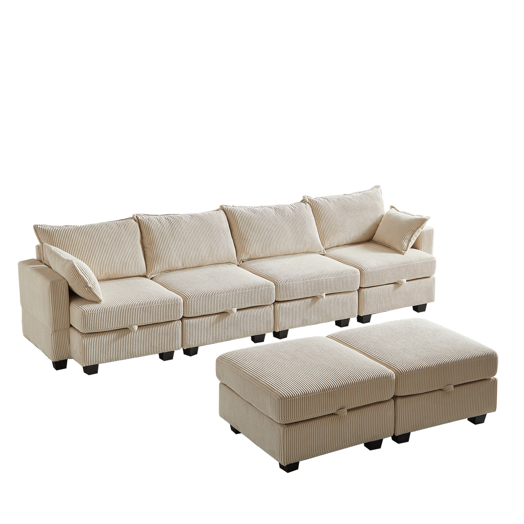 113.5'' Modular Sectiona Corduroy Sofa, Sectional Couches for Living Room U Shaped Sectional Couch with Storage Ottoman, 6 Seats Convertible Sectionals with Chaise