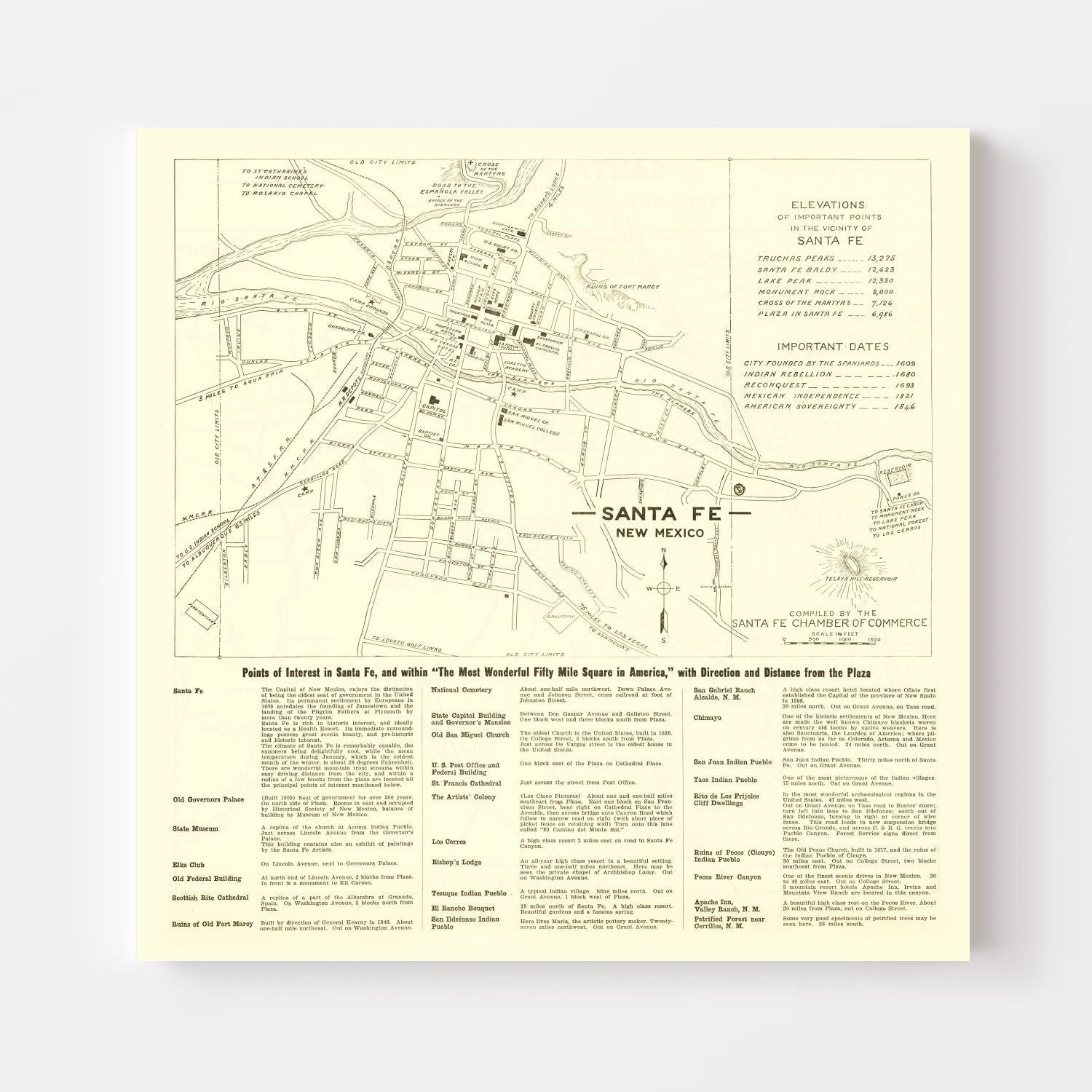 Vintage Map of Santa Fe, New Mexico 1925