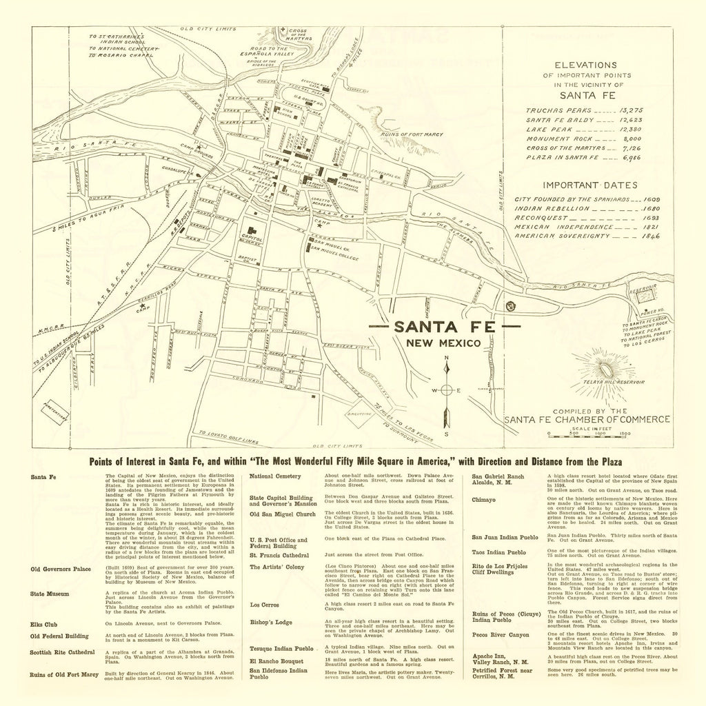 Vintage Map of Santa Fe, New Mexico 1925