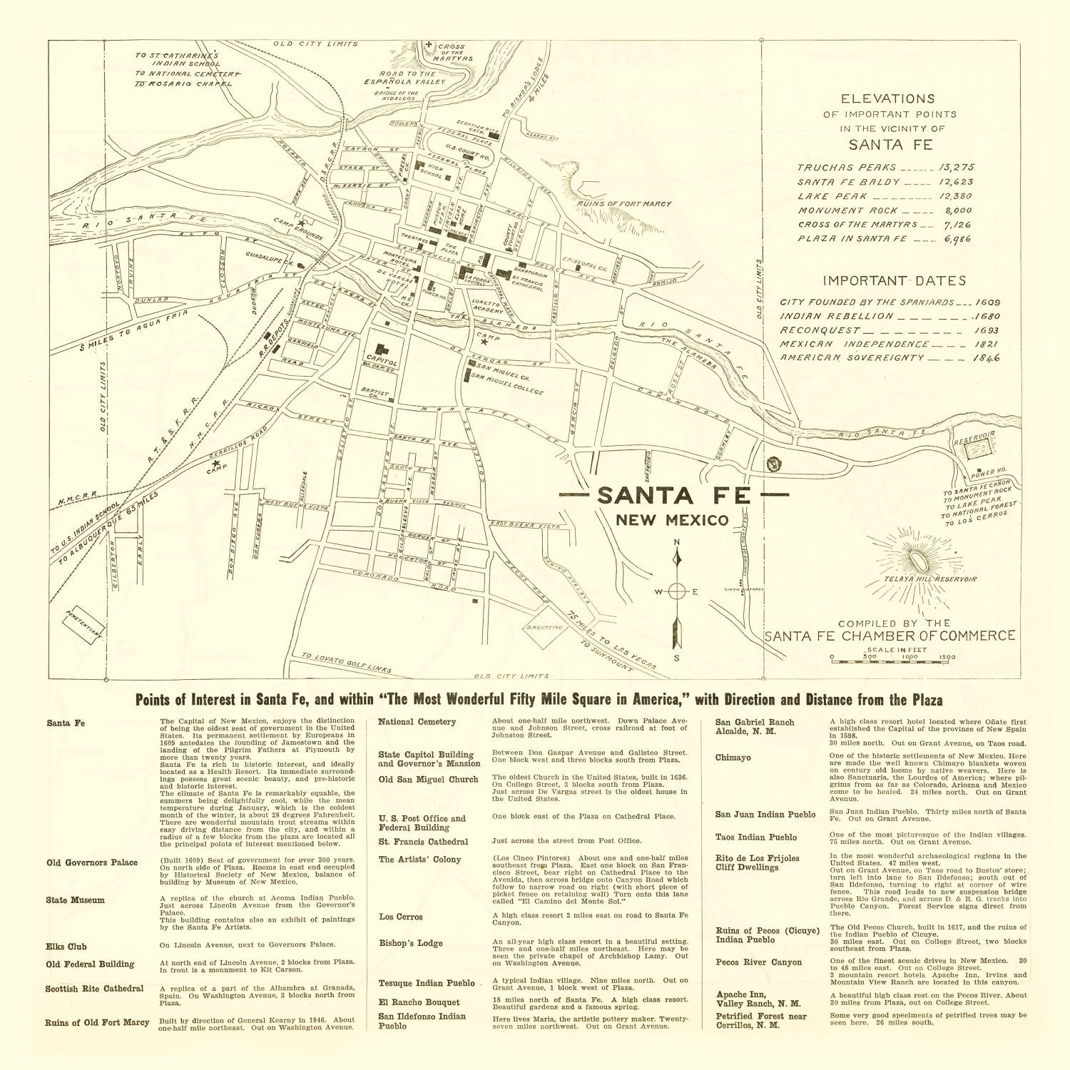 Vintage Map of Santa Fe, New Mexico 1925