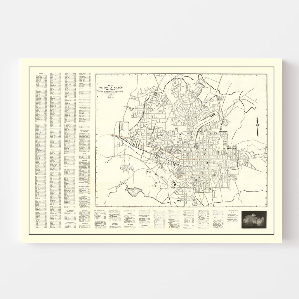 Vintage Map of Raleigh, North Carolina 1948