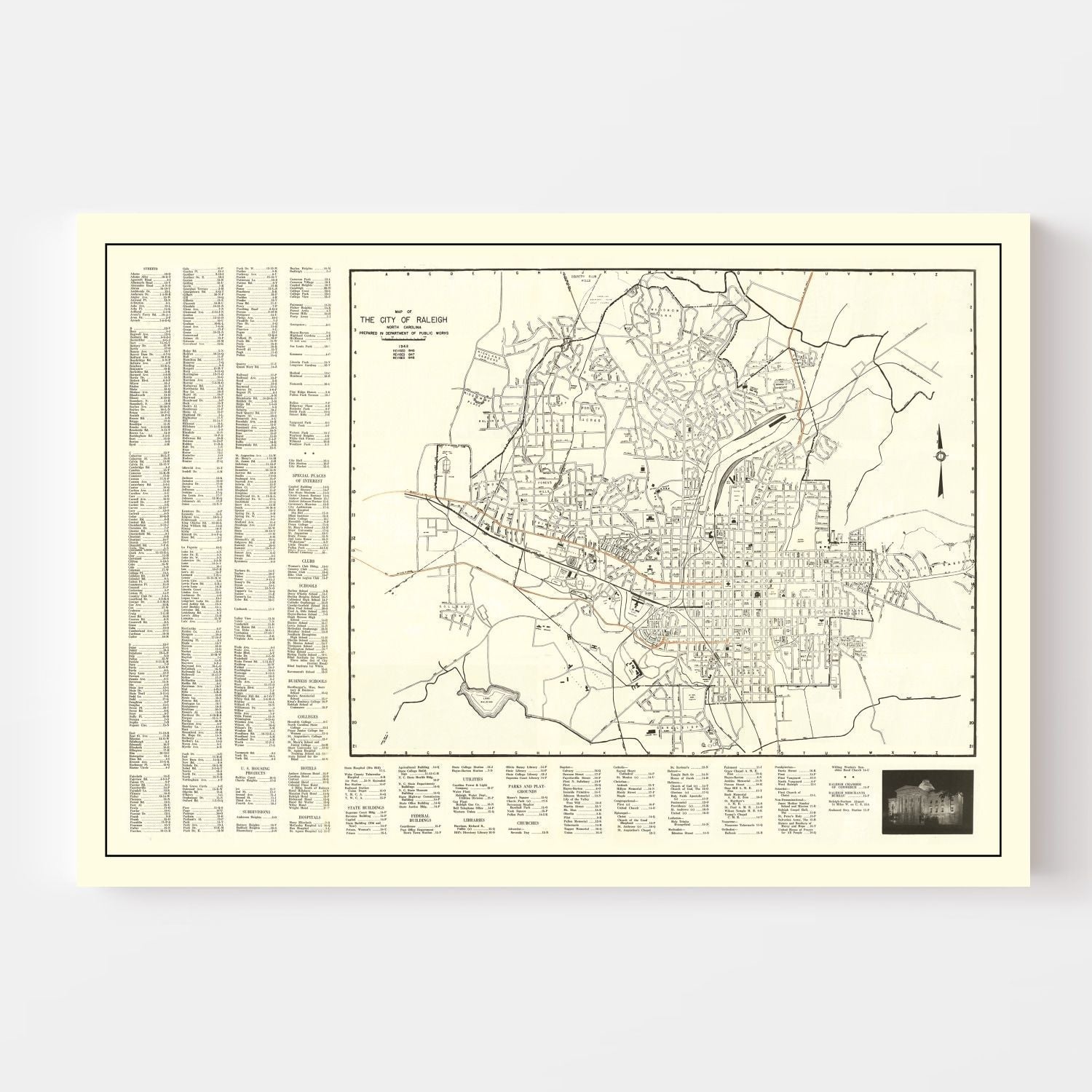 Vintage Map of Raleigh, North Carolina 1948