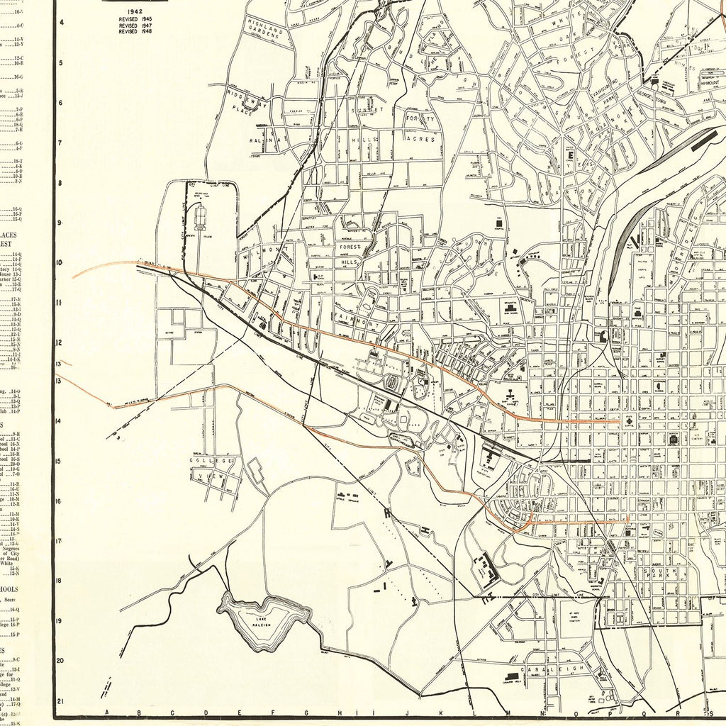 Vintage Map of Raleigh, North Carolina 1948