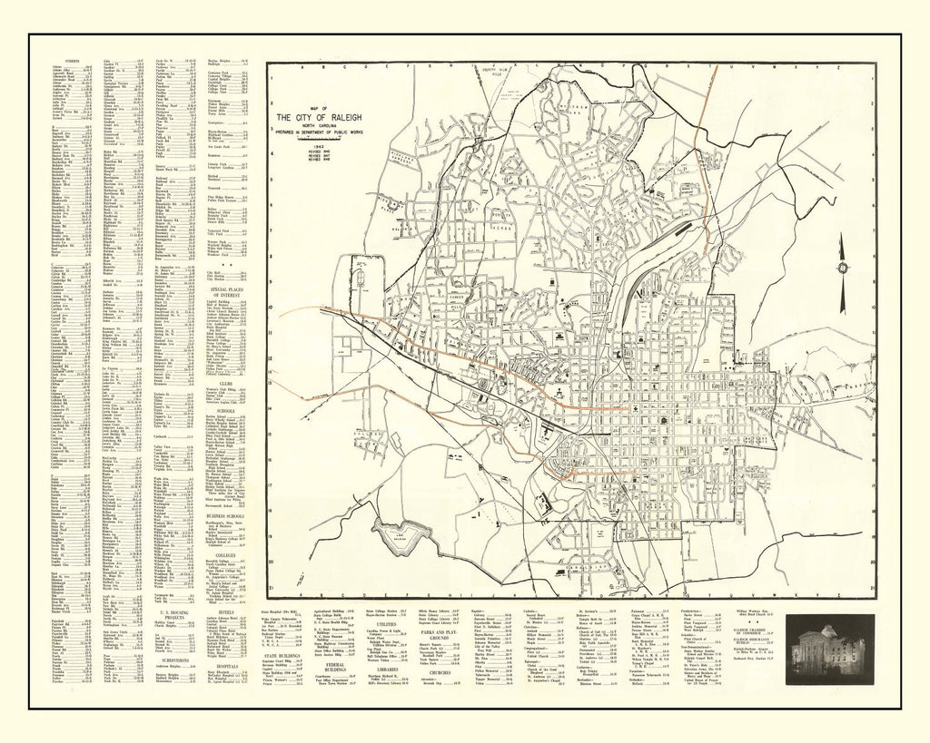 Vintage Map of Raleigh, North Carolina 1948