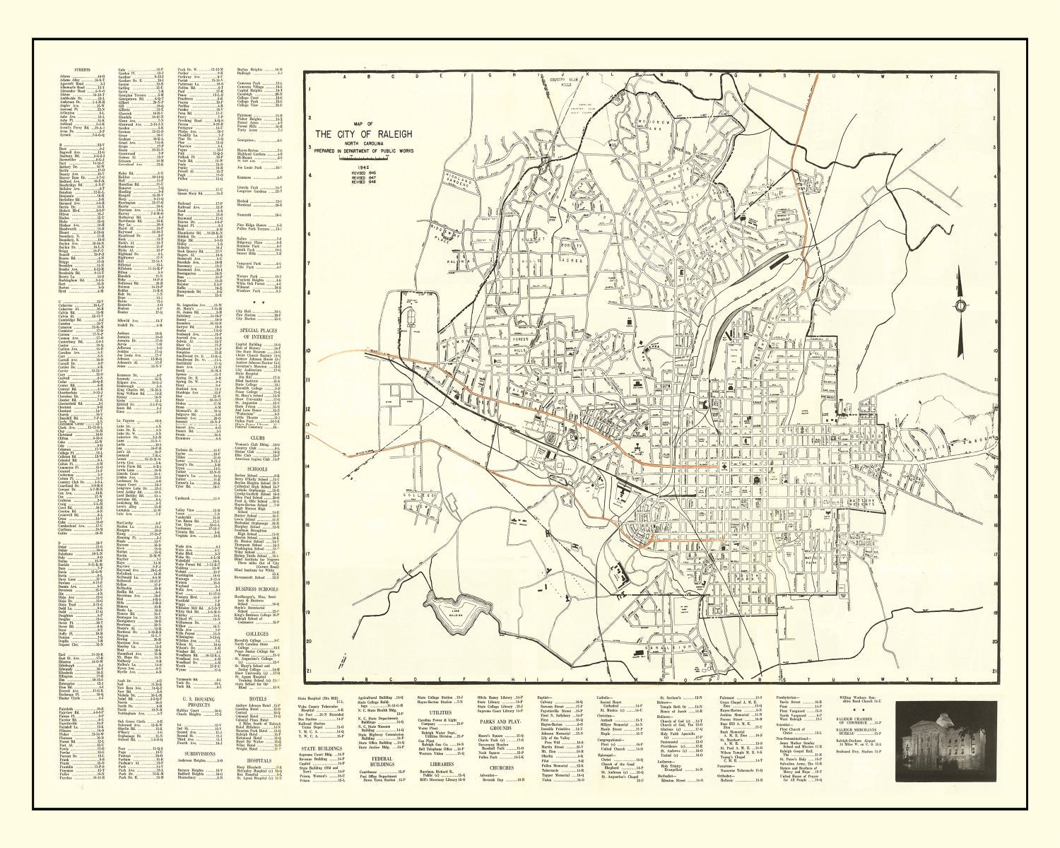 Vintage Map of Raleigh, North Carolina 1948