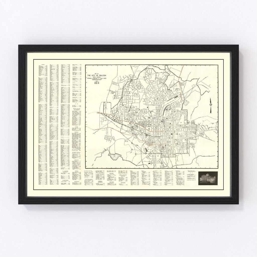 Vintage Map of Raleigh, North Carolina 1948