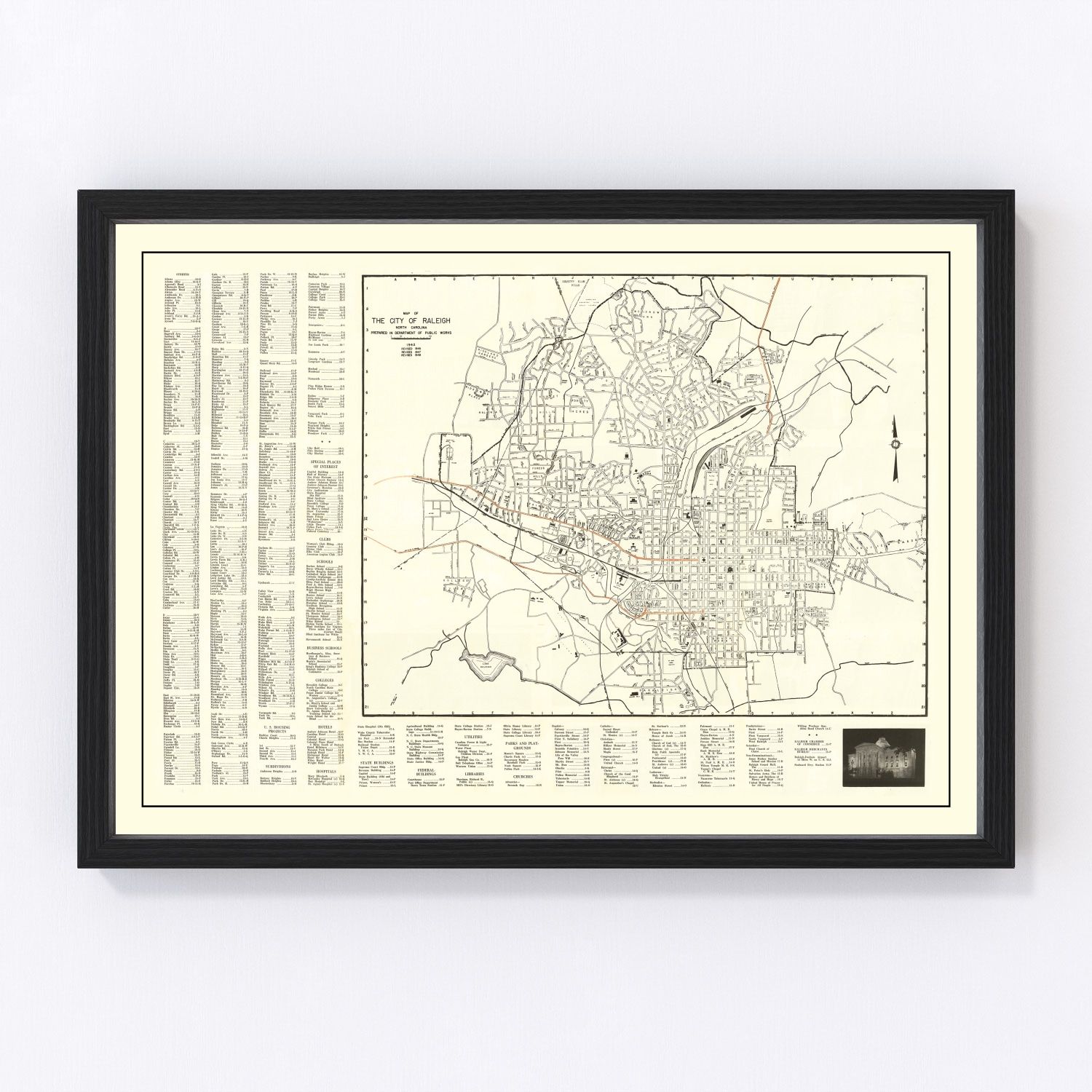 Vintage Map of Raleigh, North Carolina 1948