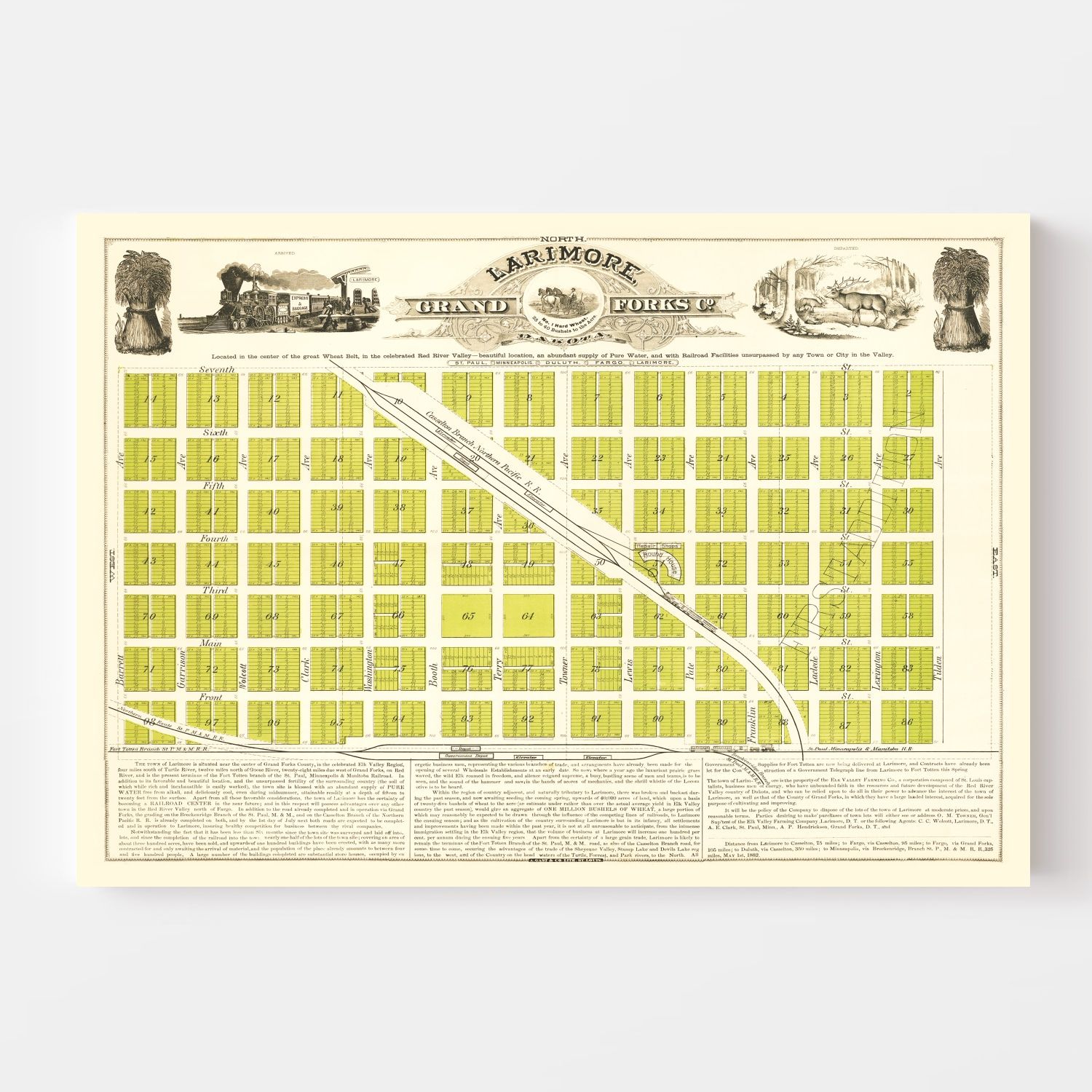 Vintage Map of Grand Forks, North Dakota 1882