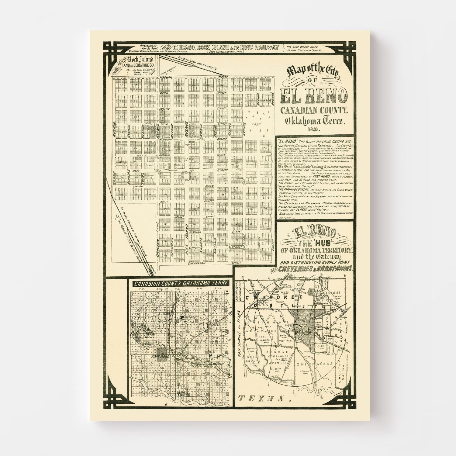 Vintage Map of El Reno, Oklahoma 1891
