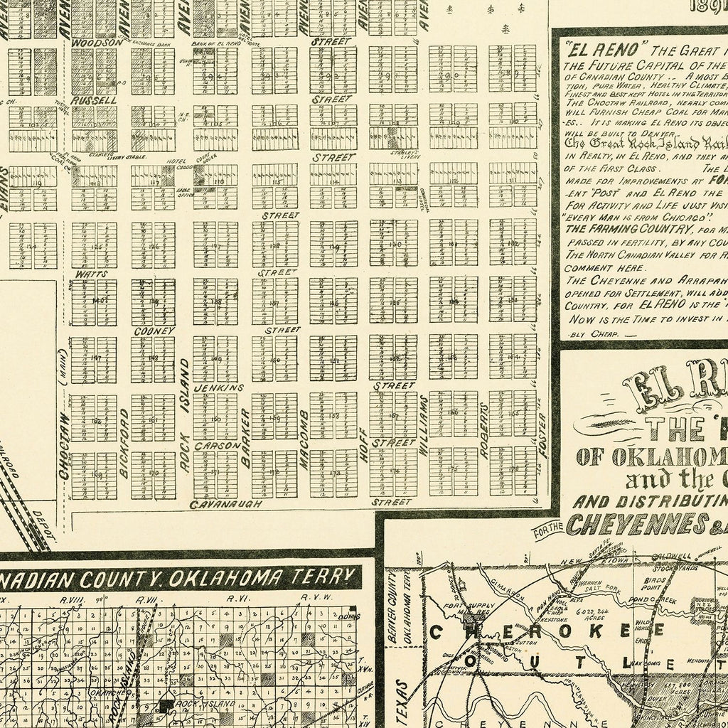 Vintage Map of El Reno, Oklahoma 1891