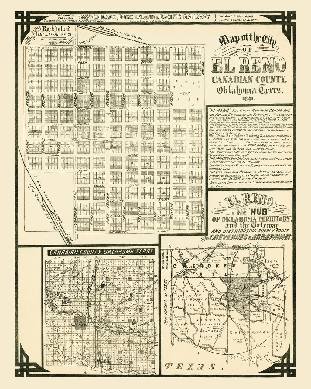 Vintage Map of El Reno, Oklahoma 1891