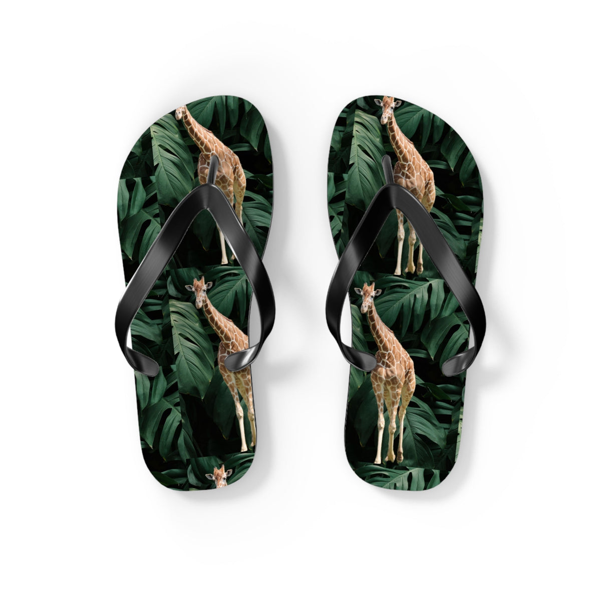 Tall Giraffe Surrounded by Greenery Flip Flops