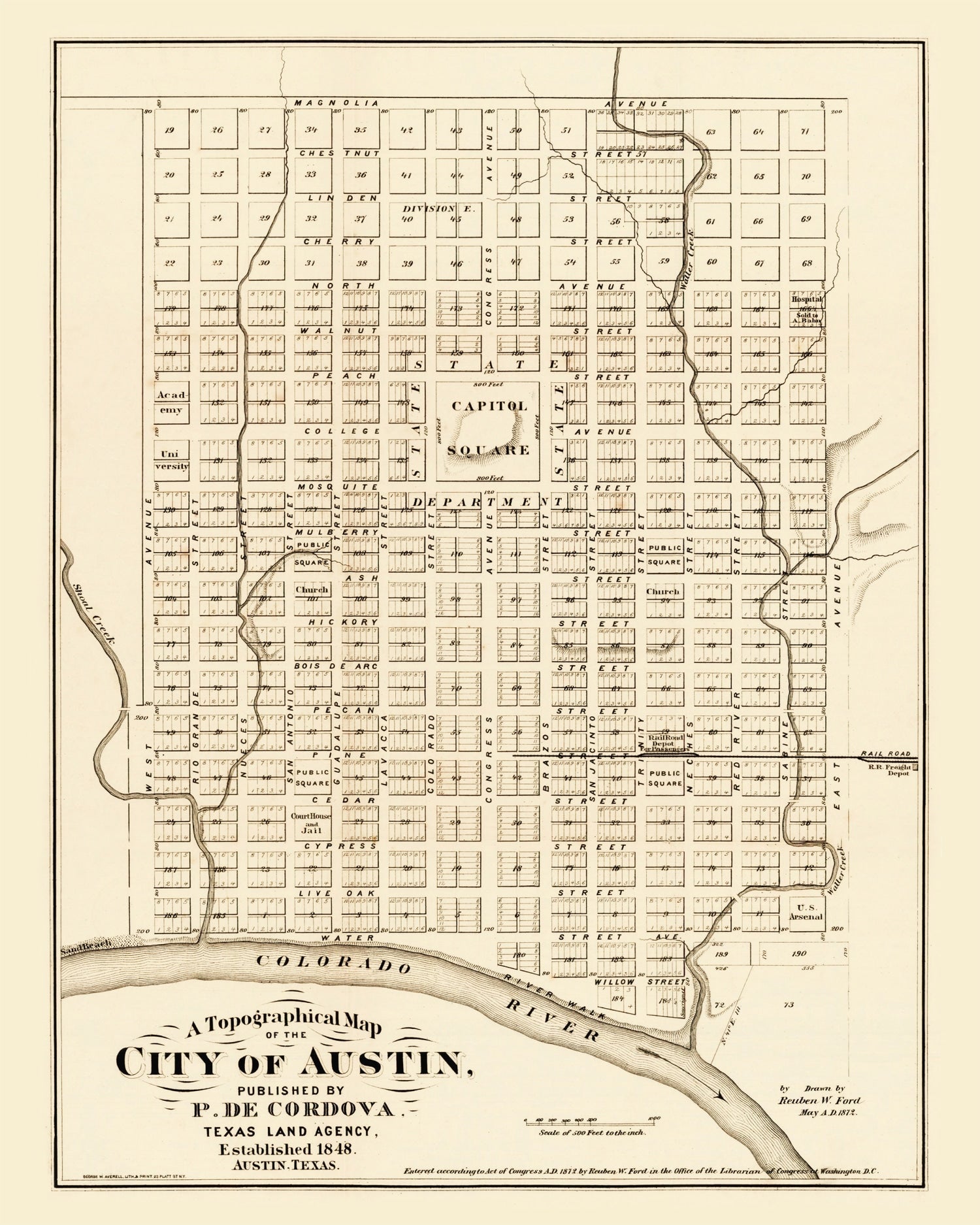 Vintage Map of Austin, Texas 1872