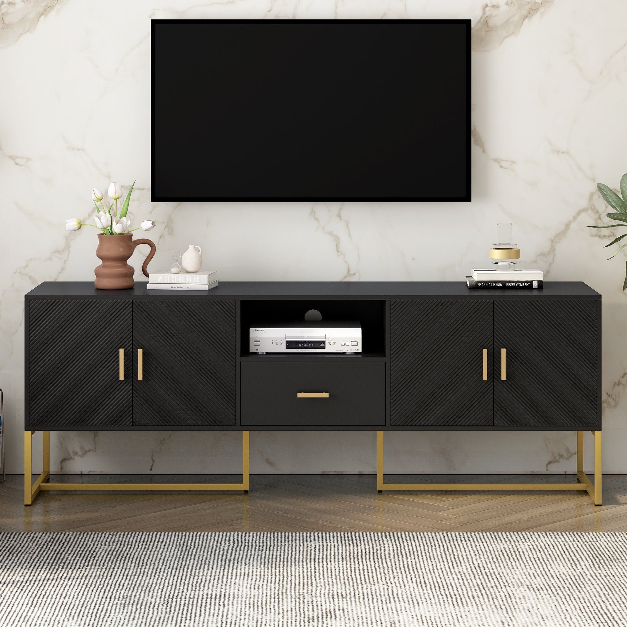 U-Can Modern TV Stand for TV up to 70 Inches,TV Cabinet with 1 Drawer, 2 Cabinets and Metal Legs, Handles and Anti-tip Device for Living room