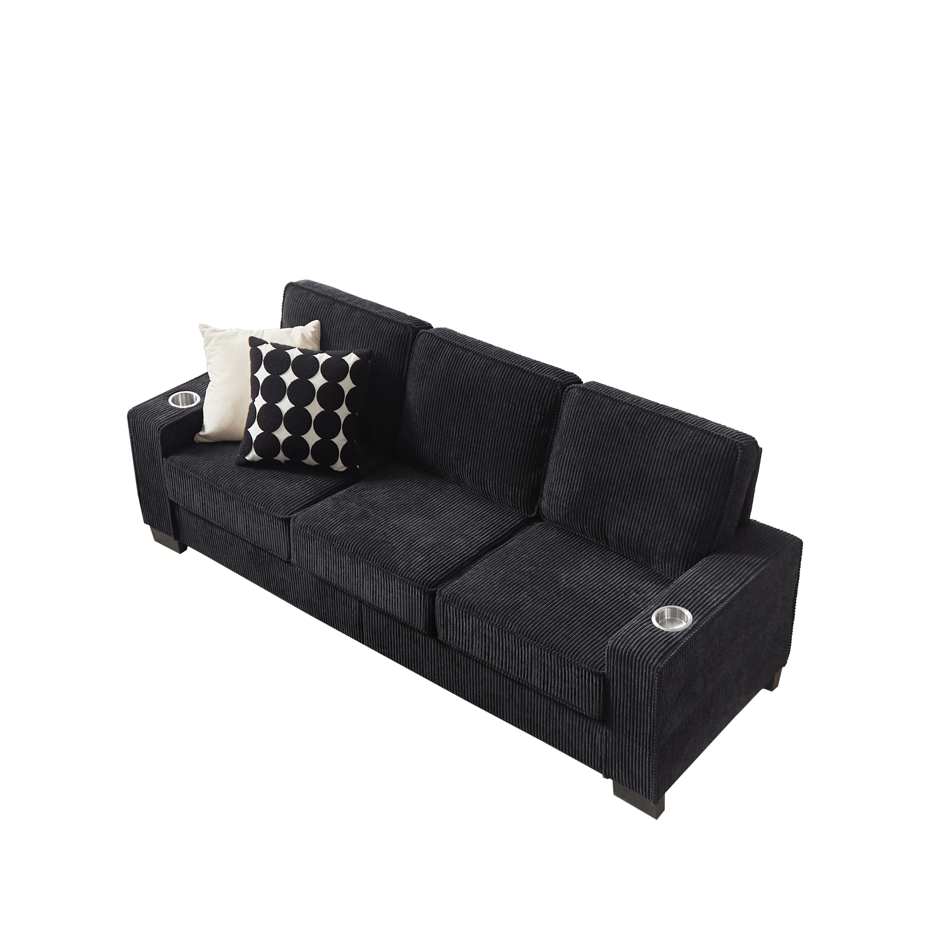 Modern Corduroy Fabric Sofa, 3-Seater Compressed Couch with Cup Holders, Black, 84.25'