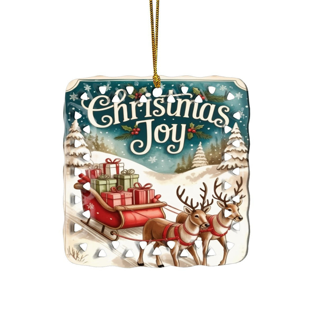 Vintage Christmas Joy Sleigh Design Square Cutout Ceramic Ornament