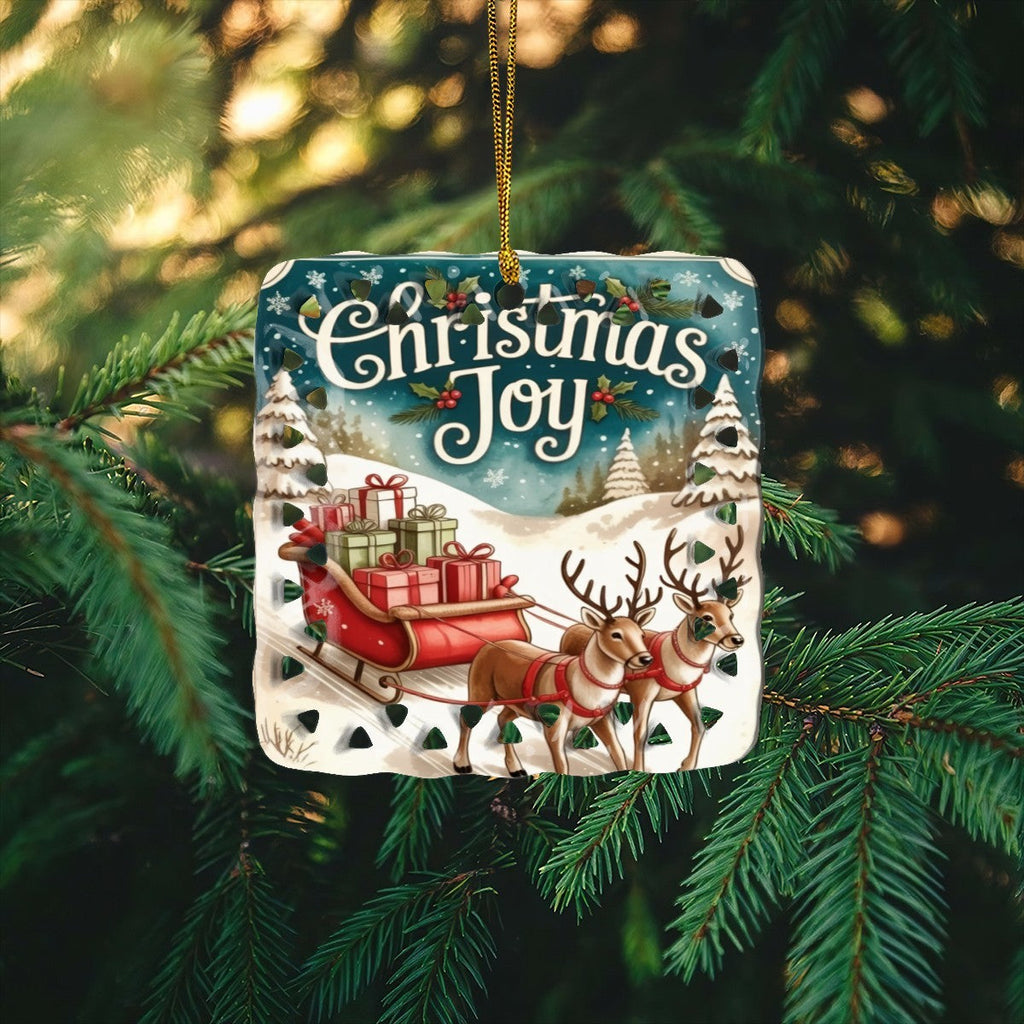 Vintage Christmas Joy Sleigh Design Square Cutout Ceramic Ornament