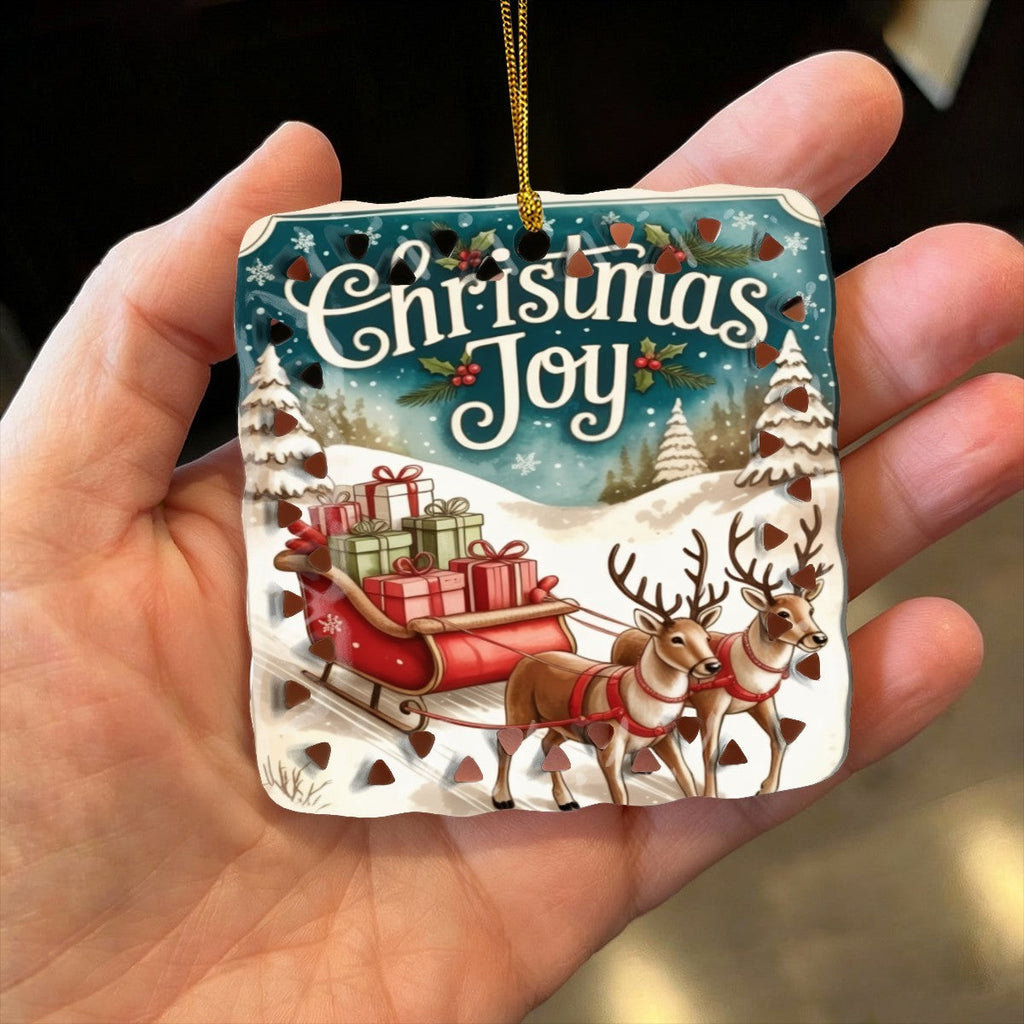 Vintage Christmas Joy Sleigh Design Square Cutout Ceramic Ornament