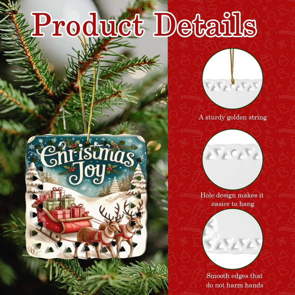 Vintage Christmas Joy Sleigh Design Square Cutout Ceramic Ornament
