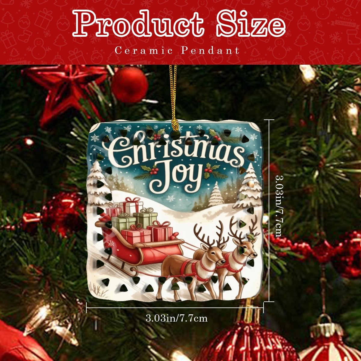 Vintage Christmas Joy Sleigh Design Square Cutout Ceramic Ornament