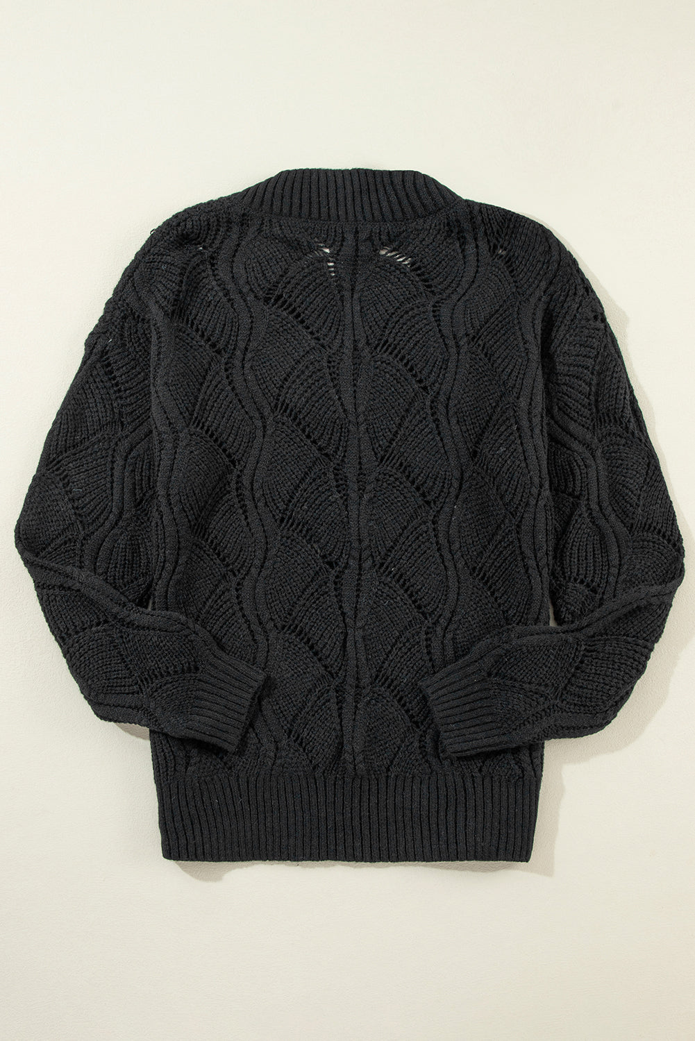Black Hollow Out Knit V-neck Drop Shoulder Sweater