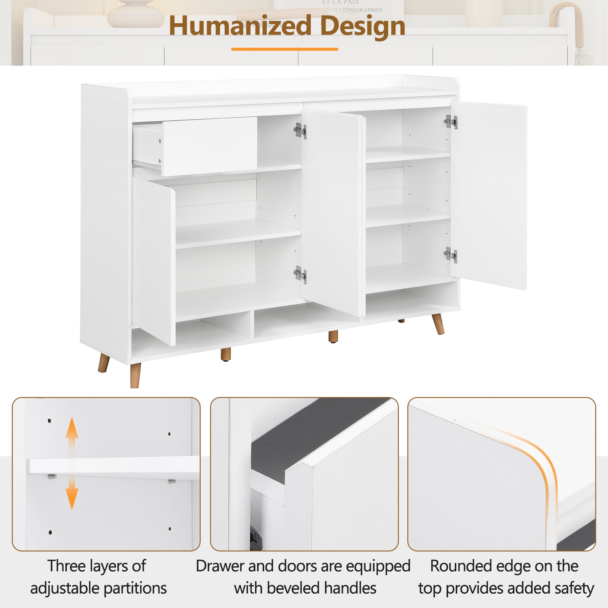ON-TREND Sleek and Contemporary Shoe Cabinet with Adjustable Shelves, Minimalist Home Organizer with Solid Wood Legs, Storage Sideboard for Entryway, Living Room, White