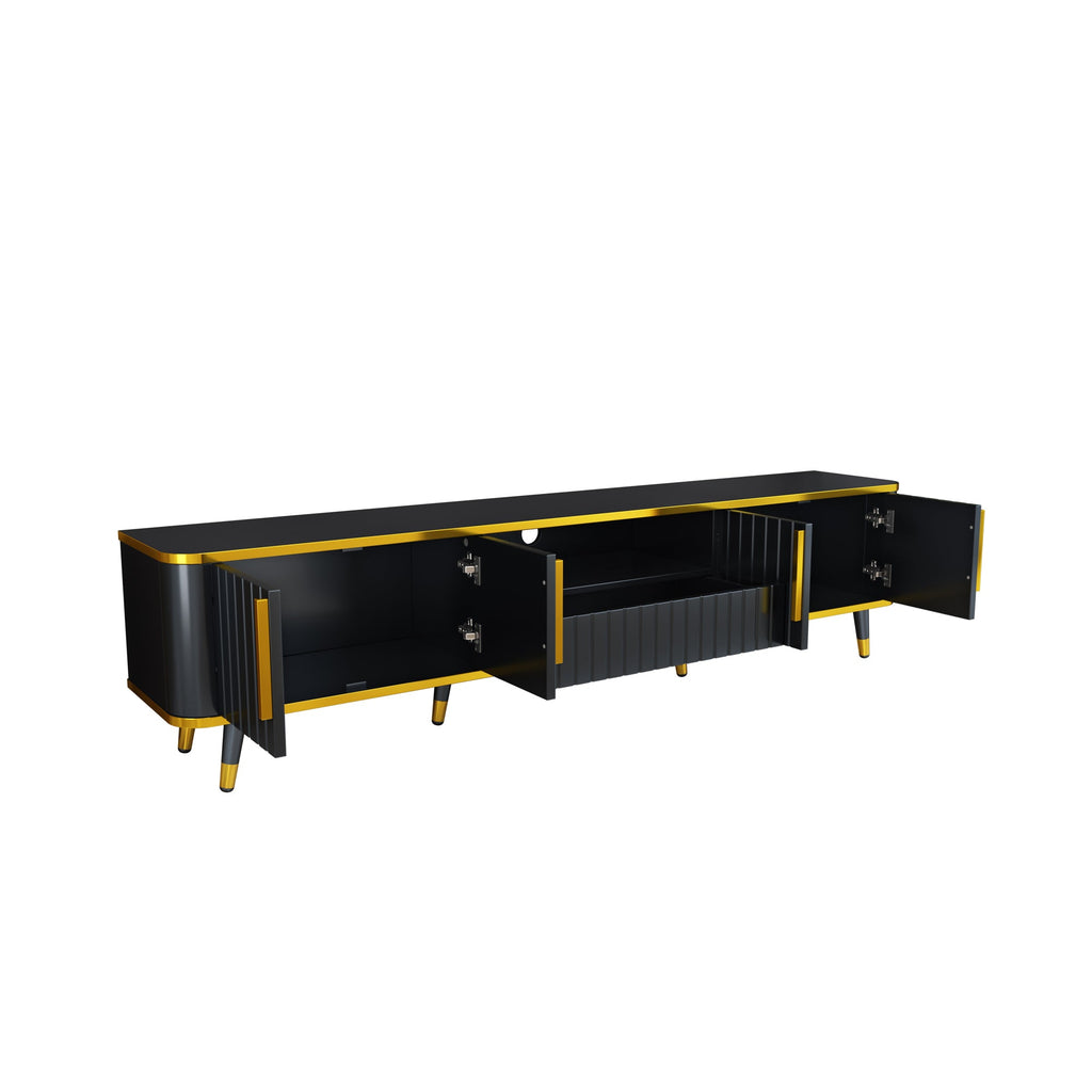 ON-TREND Luxury Minimalism TV Stand with Open Storage Shelf for TVs Up to 85', Entertainment Center with Cabinets and Drawers, Practical Media Console with Unique Legs for Living Room, Black