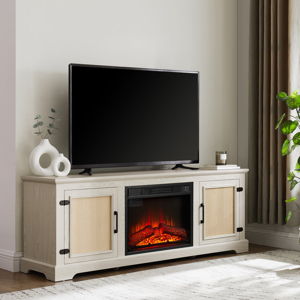 Natural Rattan Door Cabinet with Adjustable Shelf Wood, Farmhouse Rattan TV Stand Console Table for TVs up to 70 Inches, Storage tv stand with 23' fireplace insert, 65'W*15.55'D*23.86'H, White