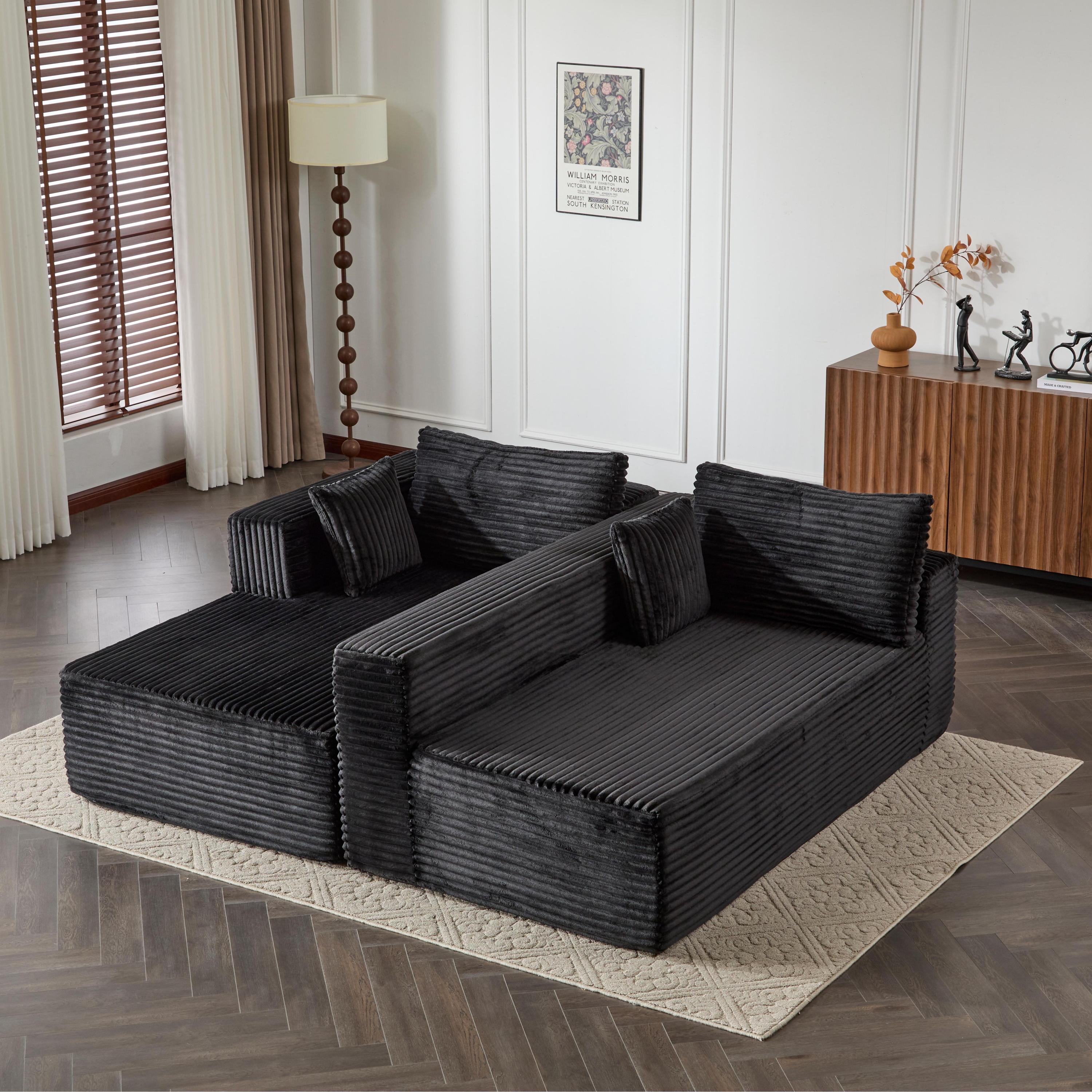 Compression Sectional Couch with Comfy Chaise, Boneless L Shape Sofa with Deep Seat, Minimalist Modular Couches Sleeper for Living Room Bedroom Apartment Lounge,corduroy,Black
