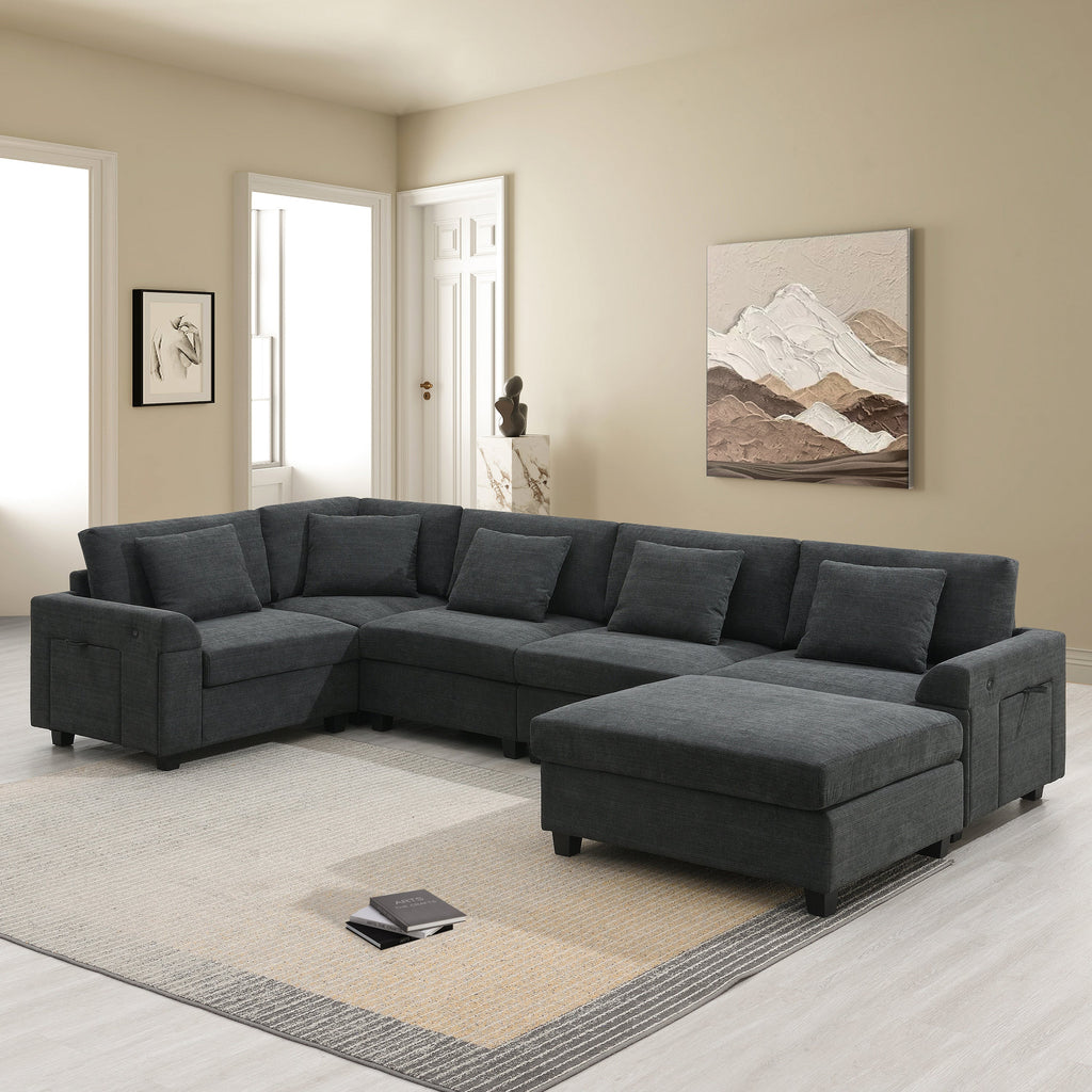 Chenille U Shaped Sectional Sofa with Ottoman and Storage, USB Ports, 2 Colors