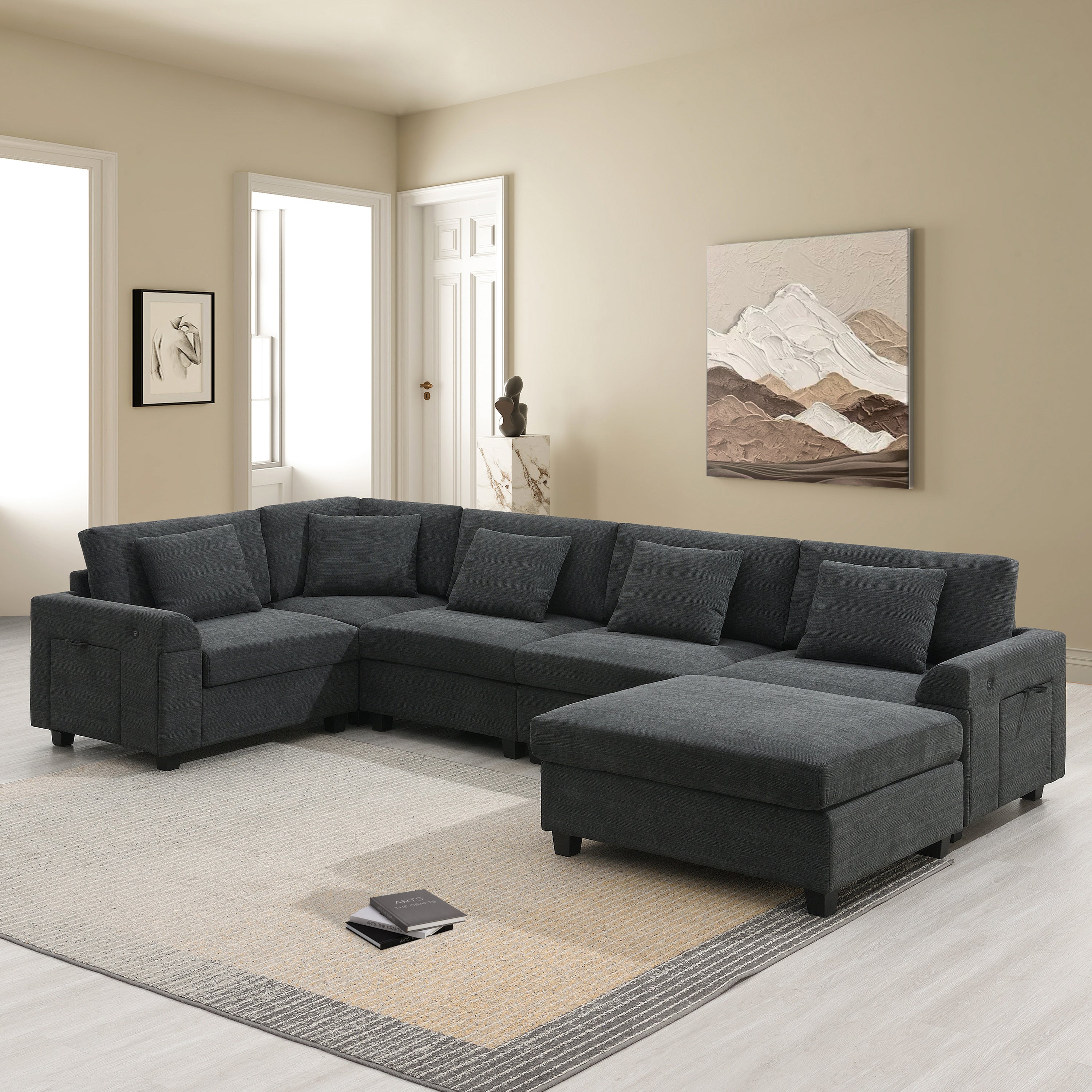 Chenille U Shaped Sectional Sofa with Ottoman and Storage, USB Ports, 2 Colors