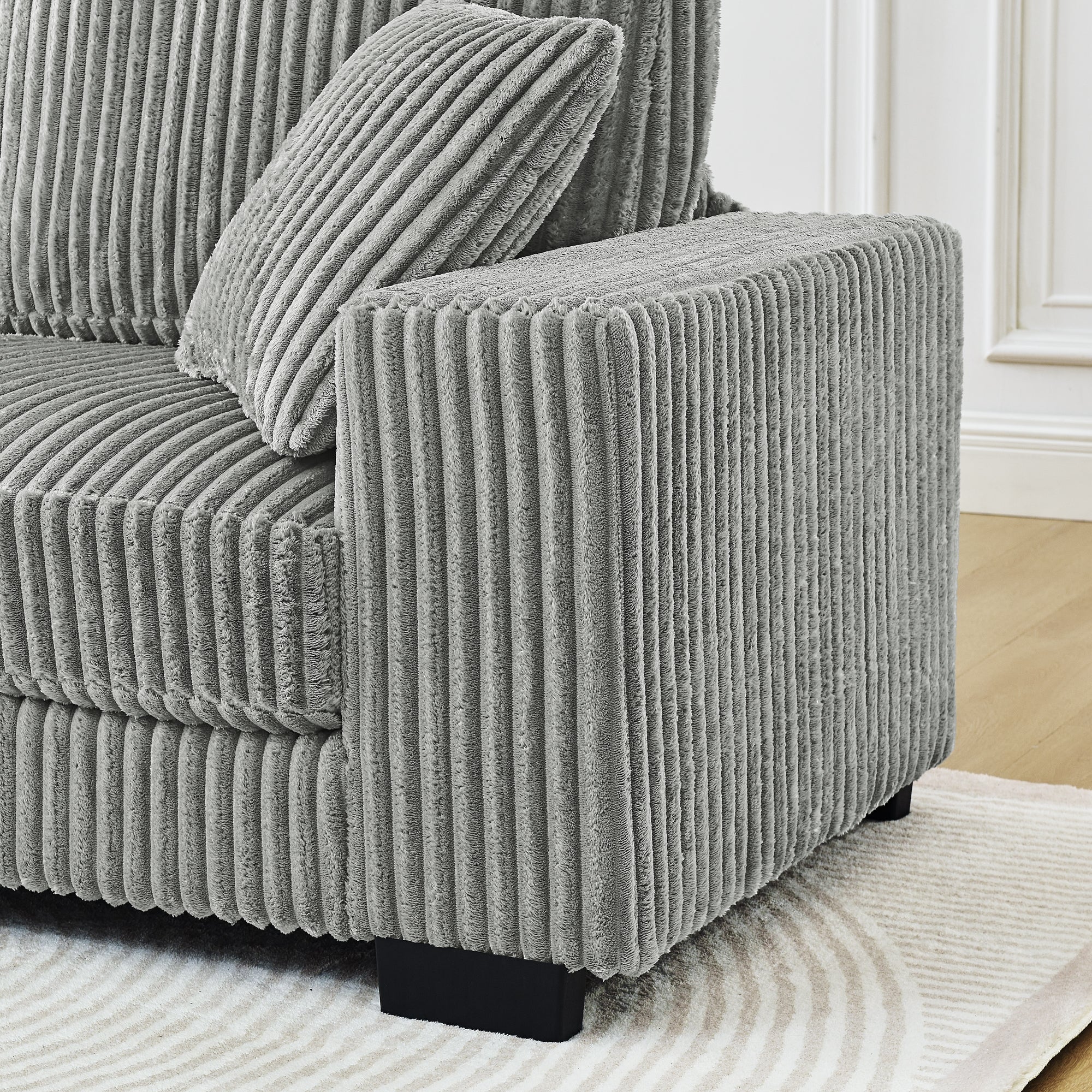 Corduroy Tufted Upholstered Sleeper Sectional Sofa, L-Shaped Modular Convertible Sofa , The arc-shaped footstool can be placed freely on the left and right-Gray