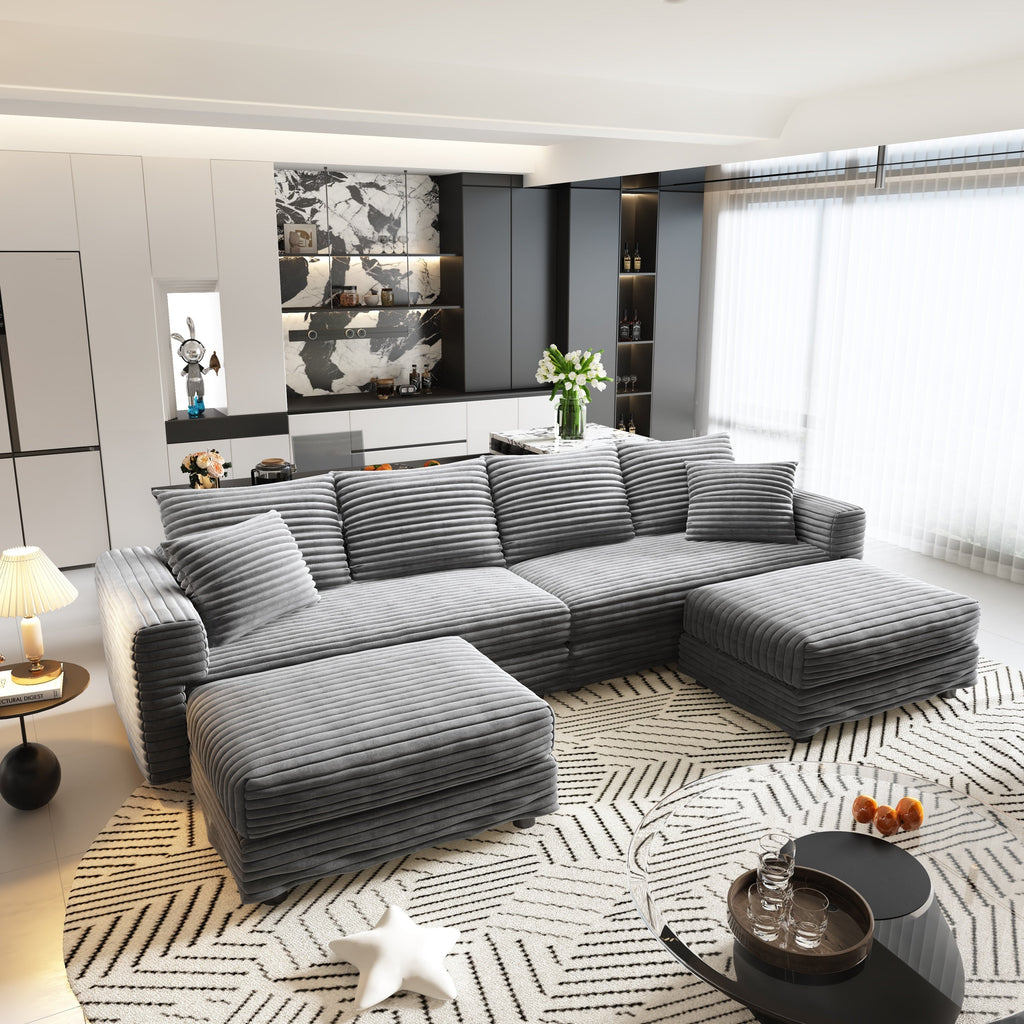 104.3 ' Plush Corduroy 4-Seat Sofa, Modern Comfy Upholstered Sofa Cloud Couch, Deep Seat Couches with Soft Pillows and 2 Ottomans, Convertible Sofa Lounge Chair, for Living Room,Apartment,Office,Grey