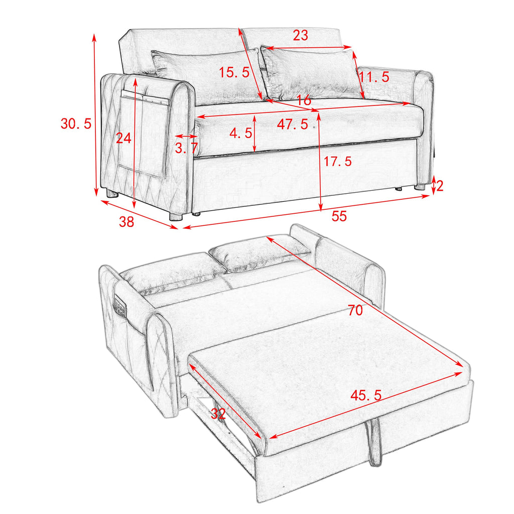 55' Modern Convertible Sofa Bed with 2 Detachable Arm Pockets, Velvet Loveseat Sofa with Pull Out Bed, 2 Pillows and Living Room Adjustable Backrest, Grid Design Armrests
