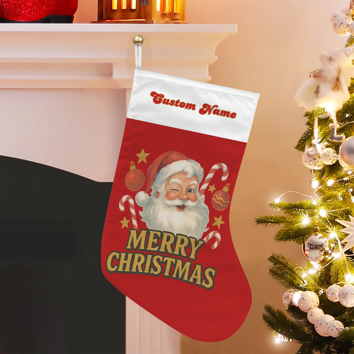 Personalizable Winking Santa Claus Red Christmas Stocking (Made in USA)