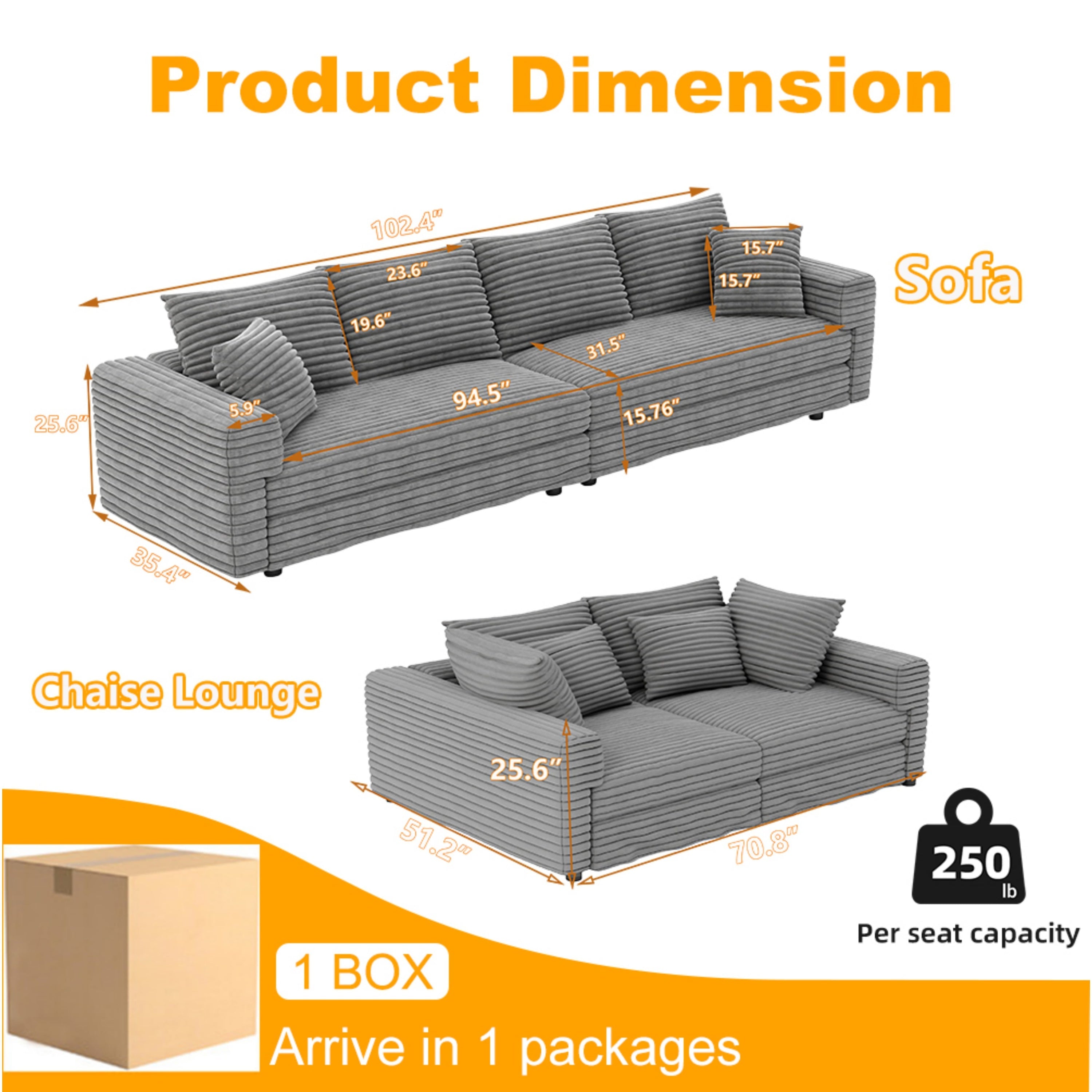104.3 ' Plush Corduroy 4-Seat Sofa, Modern Comfy Upholstered Sofa Cloud Couch, Deep Seat Couches with Soft Pillows and 2 Ottomans, Convertible Sofa Lounge Chair, for Living Room,Apartment,Office,Grey