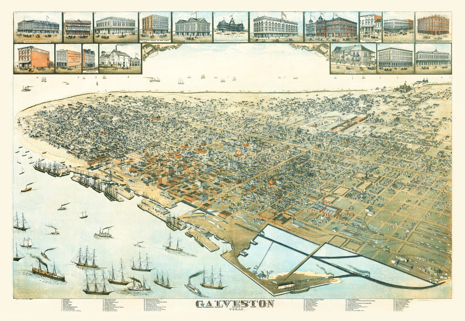 Vintage Map of Galveston, Texas 1885