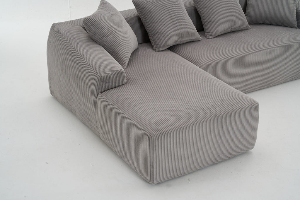 LY-023 LIGHT GREY COMPRESSION SOFA: Combining chaise longue with 3-seater, Corduroy Fabric, full sponge compression sofa,combined sofa with 4 pillows for living/ Home Furniture/ Apartment