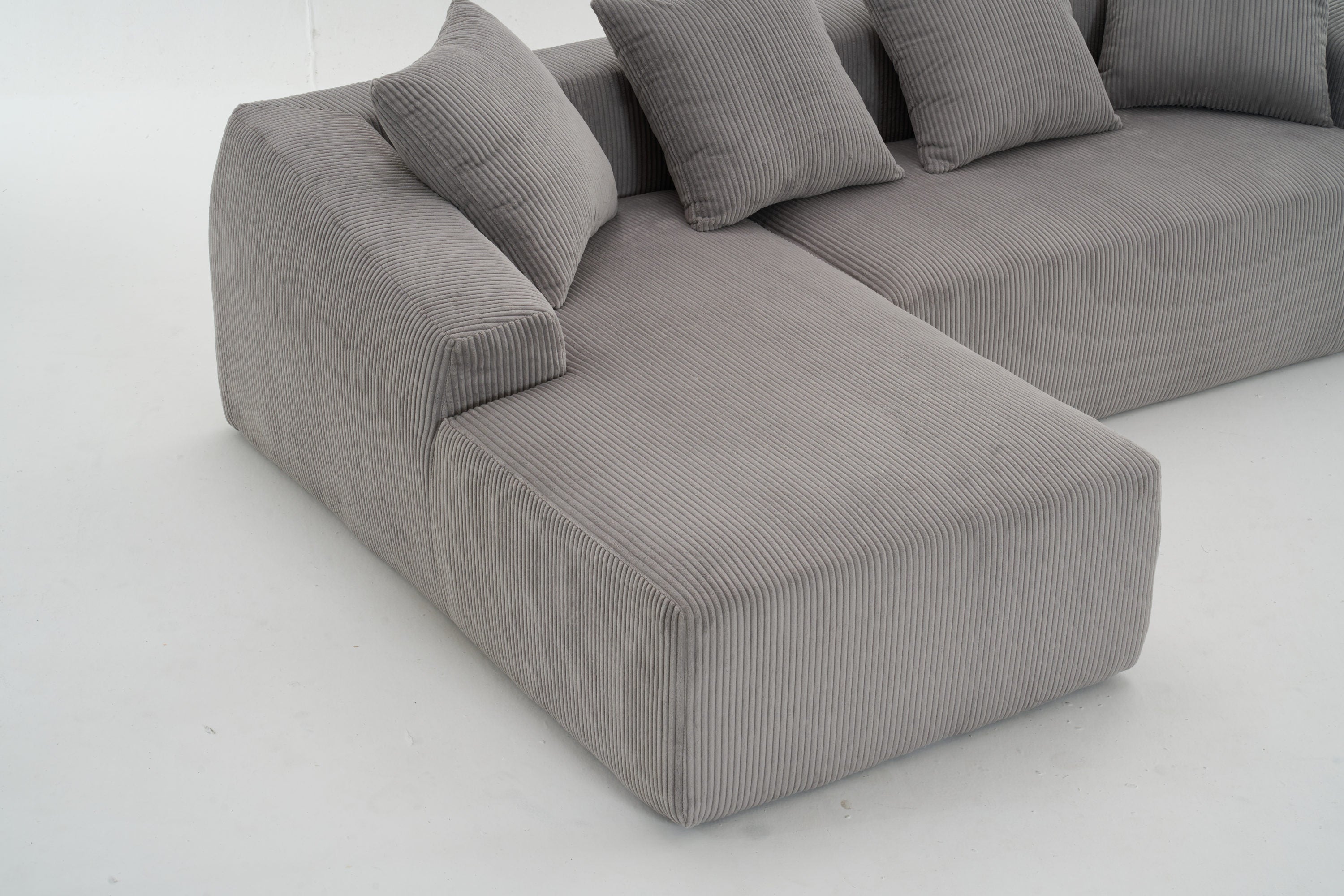 LY-023 LIGHT GREY COMPRESSION SOFA: Combining chaise longue with 3-seater, Corduroy Fabric, full sponge compression sofa,combined sofa with 4 pillows for living/ Home Furniture/ Apartment