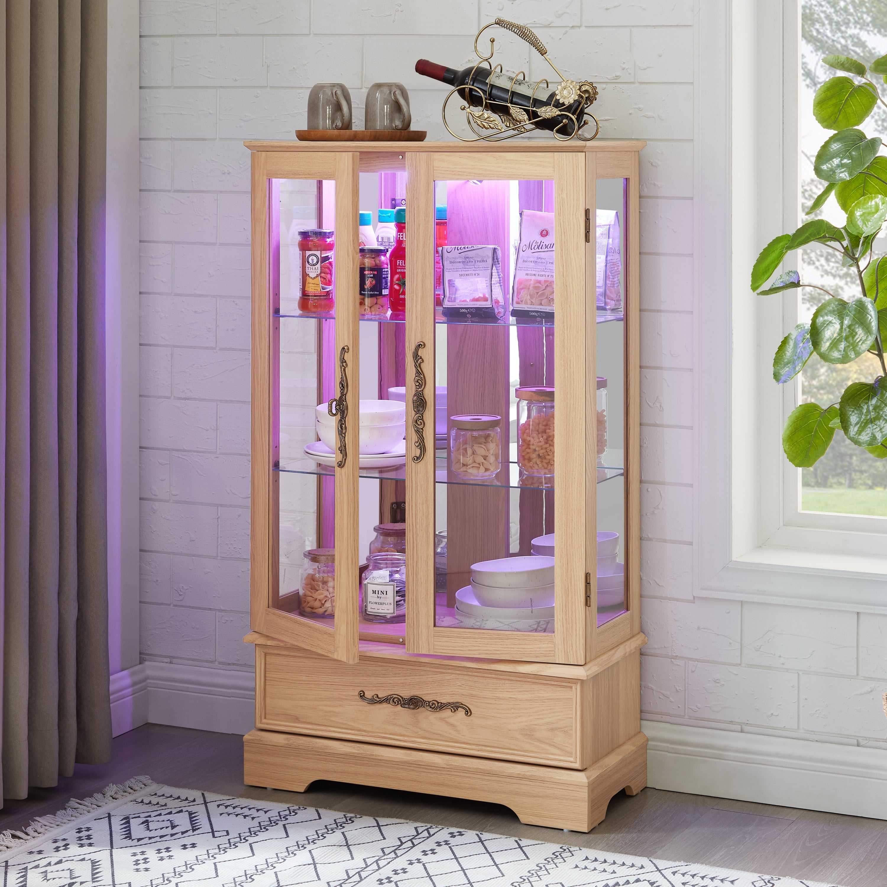 Lighted Glass Curio Display Cabinet with Adjustable Shelves - 2 Doors, 1 Drawer, LED Lights, Elegant Light Oak Finish