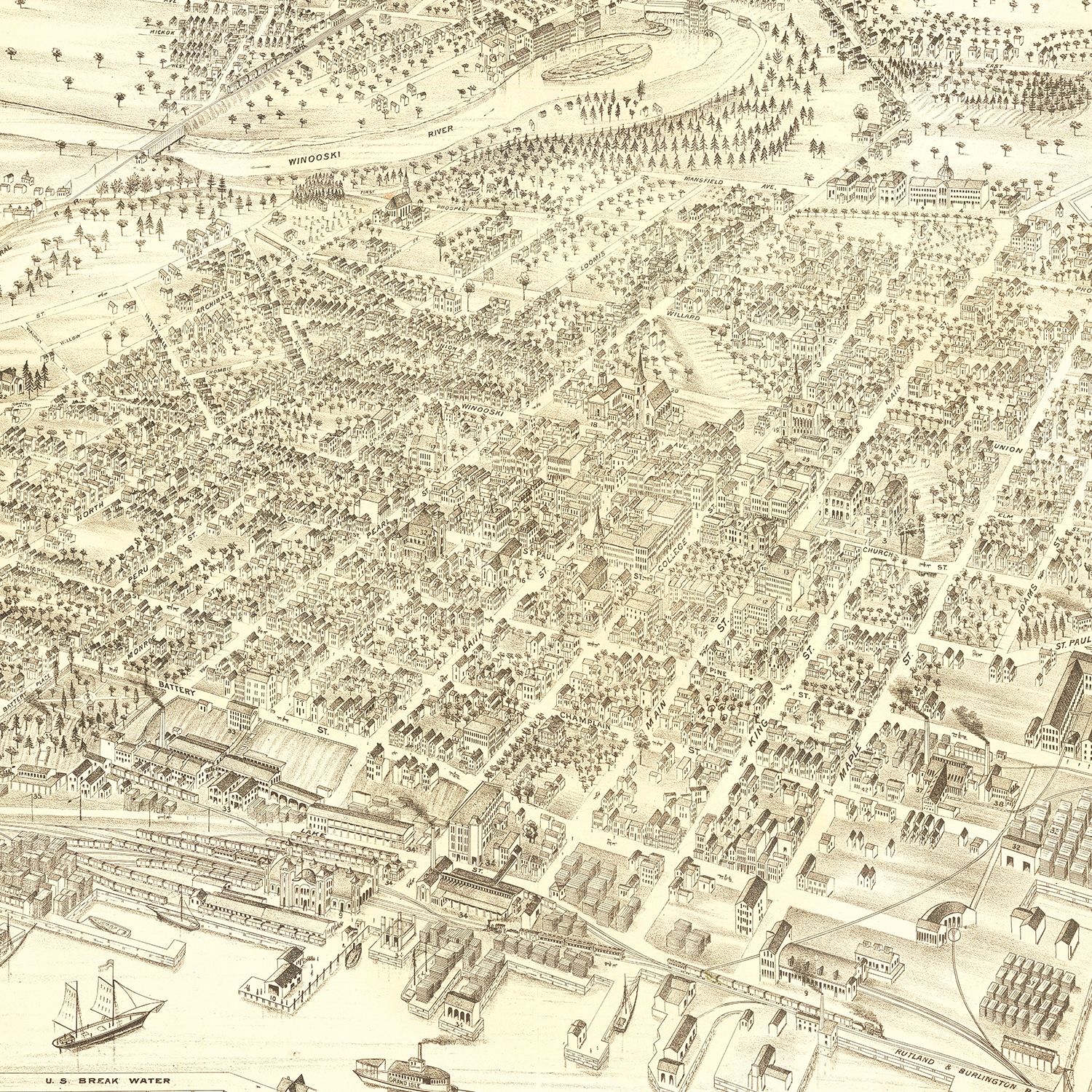 Vintage Map of Burlington, Vermont 1877