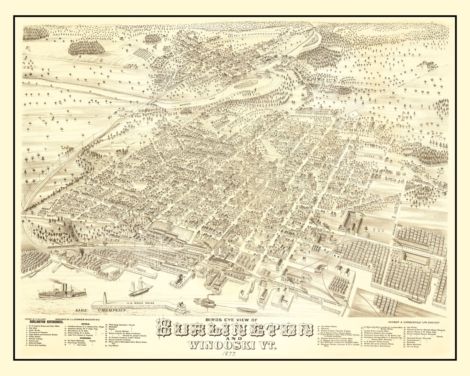 Vintage Map of Burlington, Vermont 1877