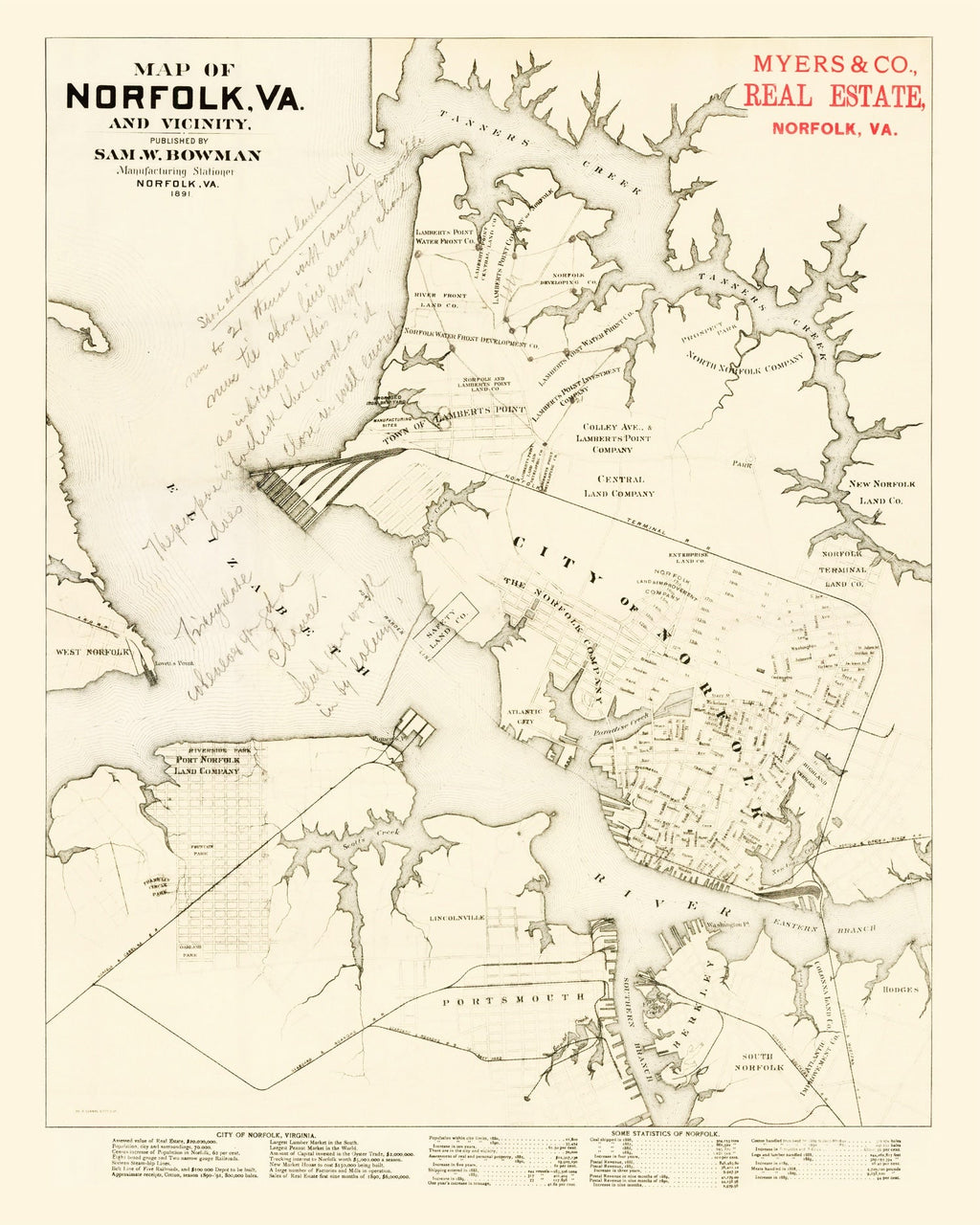 Vintage Map of Norfolk, Virginia 1891