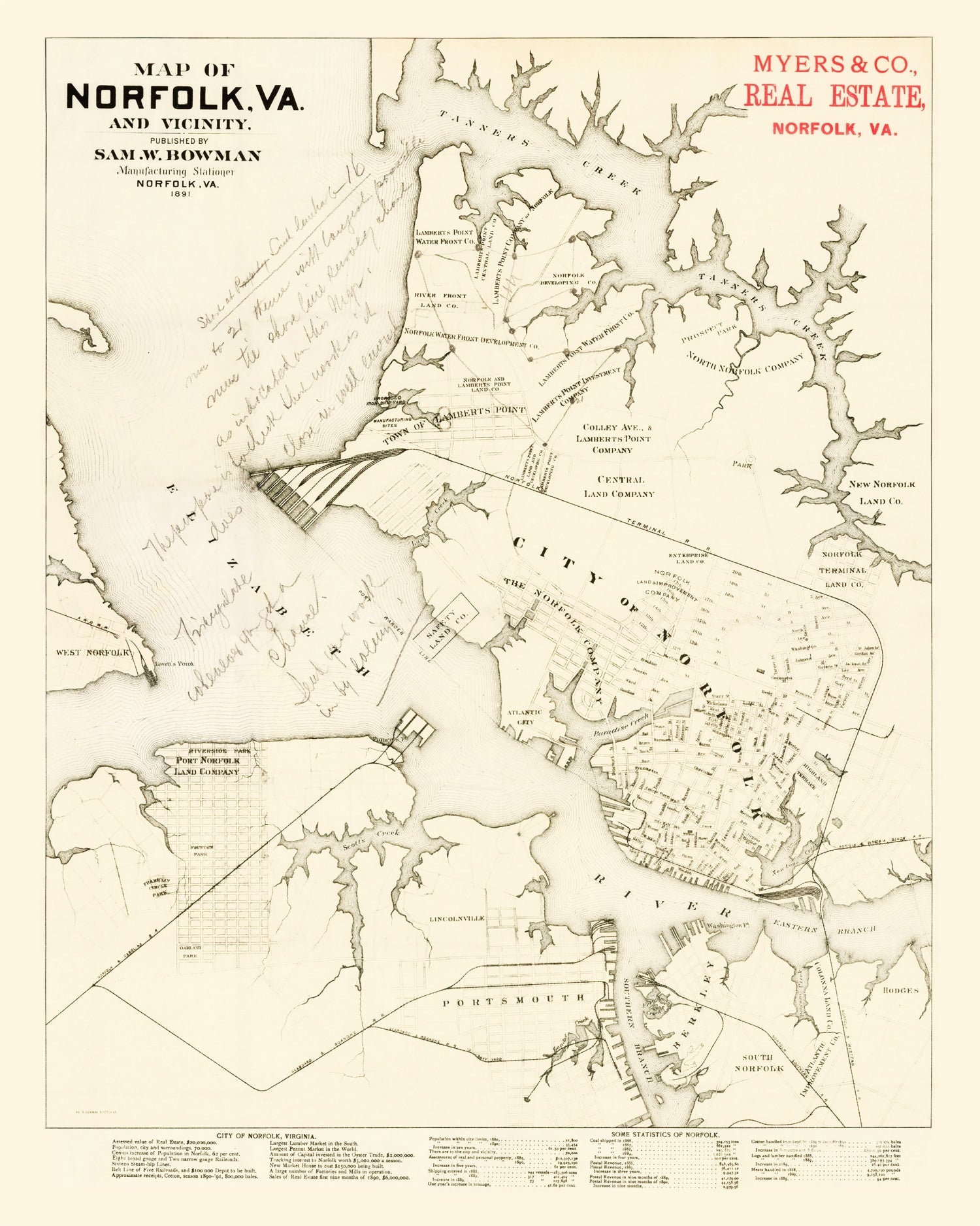 Vintage Map of Norfolk, Virginia 1891