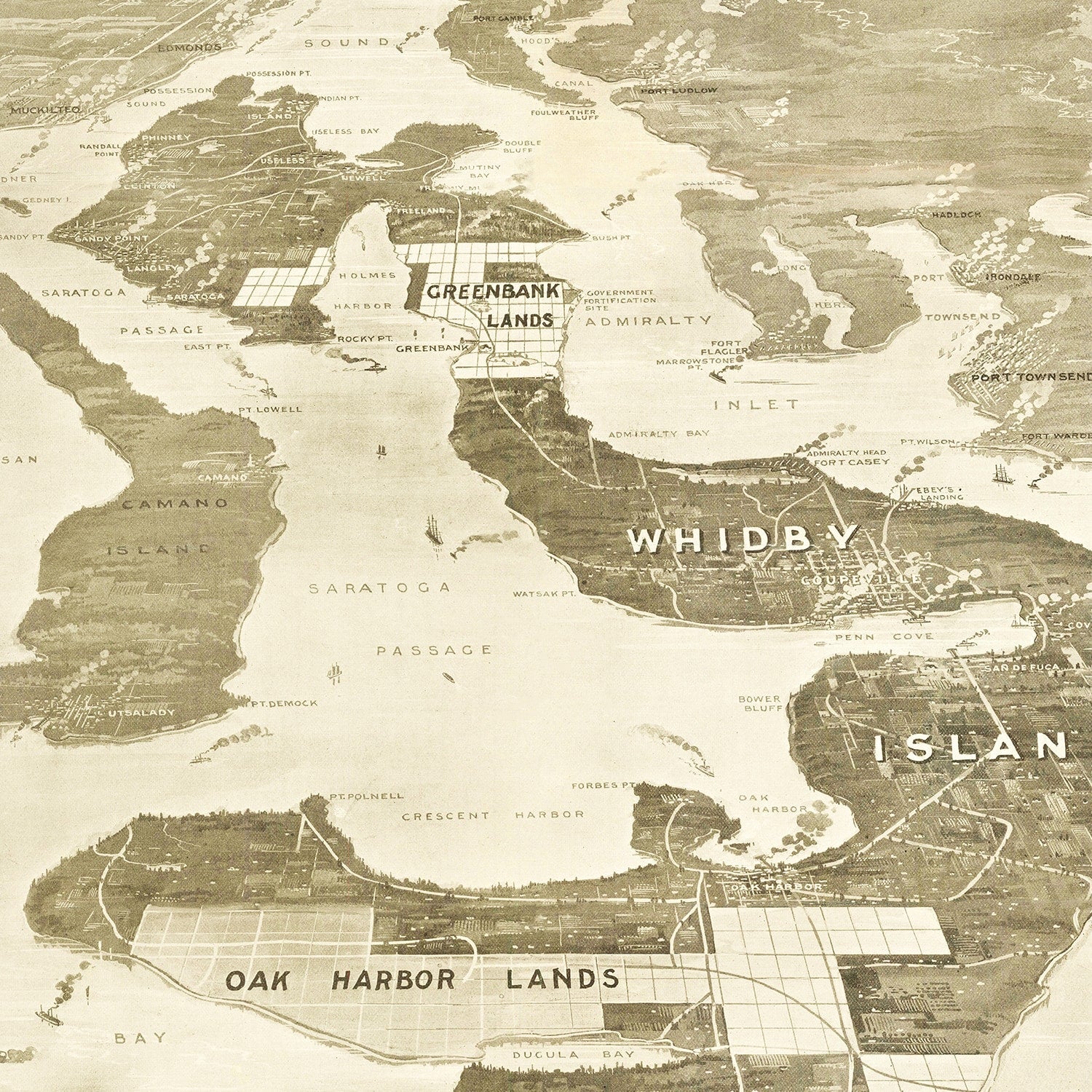 Vintage Map of Whidby Island, 1910